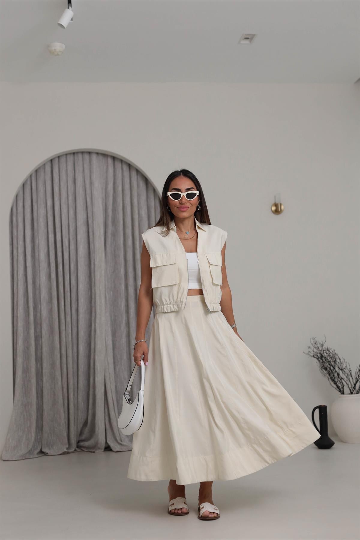 6147 Fermuar Detaylı Cepli Etek Yelek Takım KREM