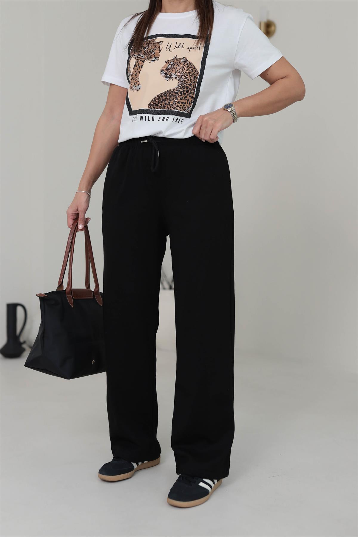 Beli Lastikli Yumuşak Doku Şardonlu Eşofman Altı SİYAH