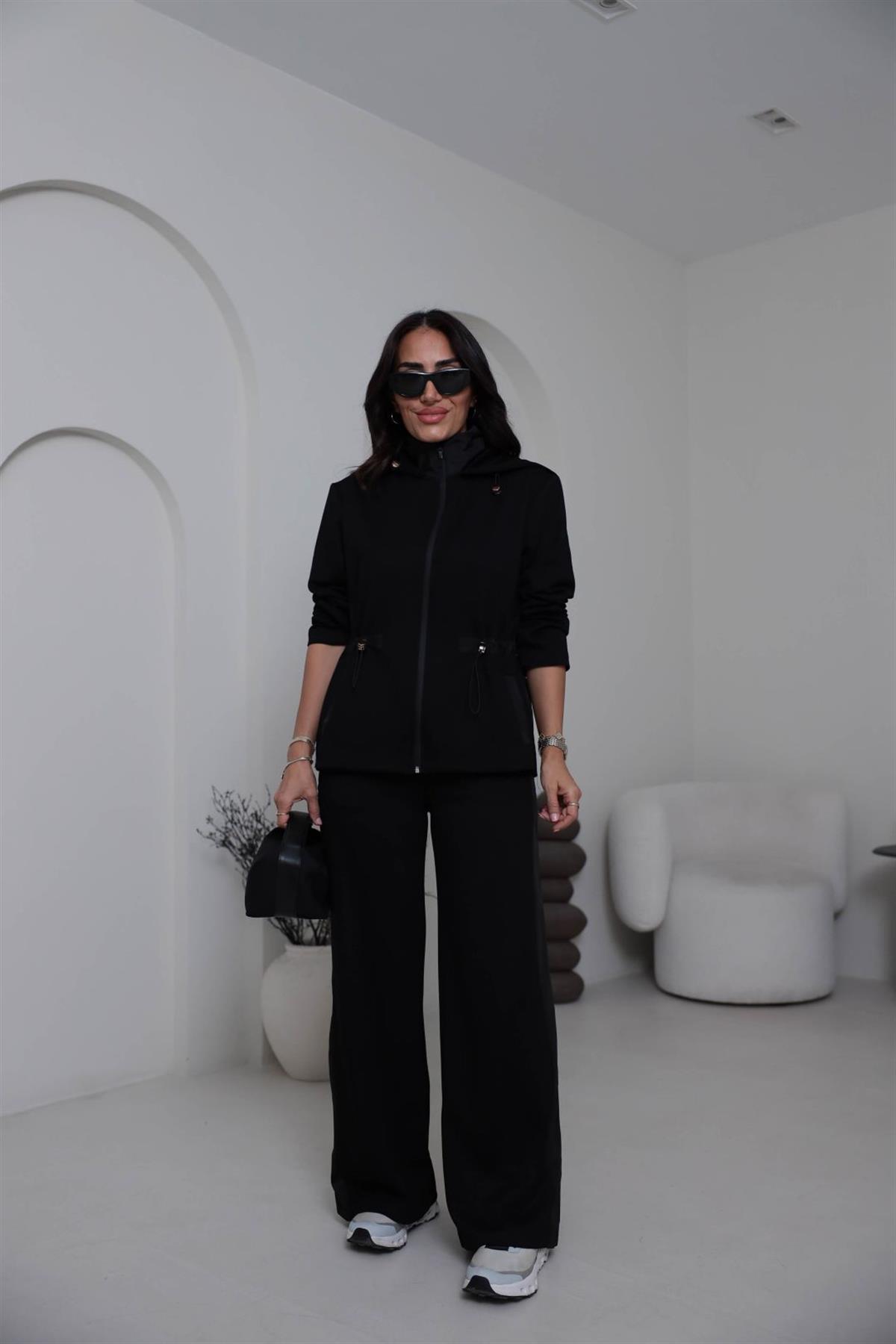 6933 Paraşüt Garnili Bel Lastikli Modal Takım SİYAH