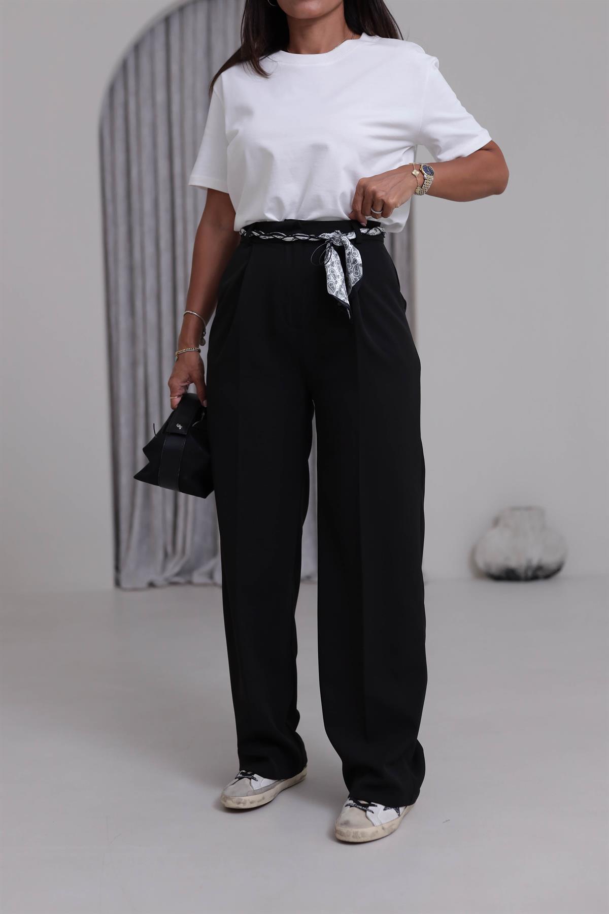 0522 Fularlı Kemerli Palazzo Pantolon SİYAH