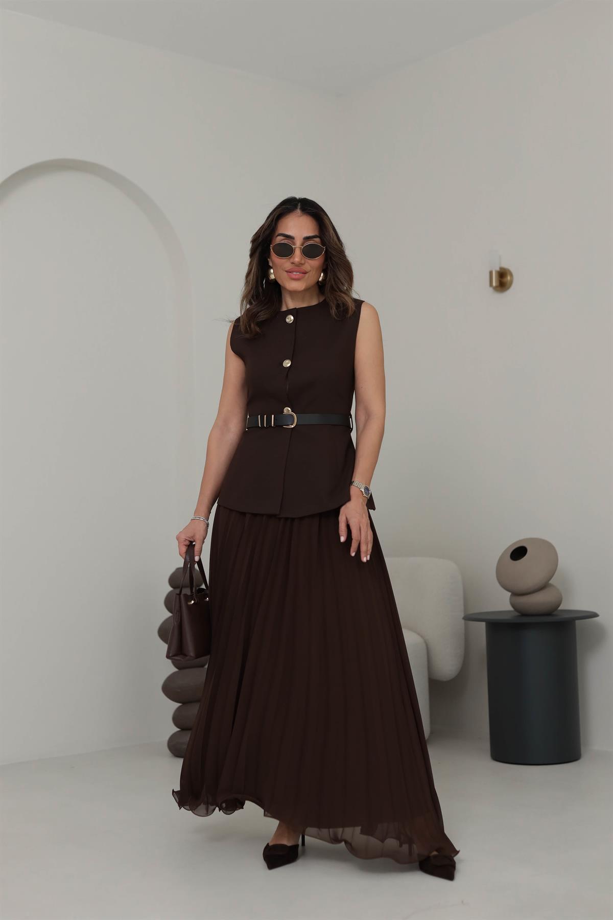 0287 Piliseli Şifon Maxi Etek ACI KAHVE