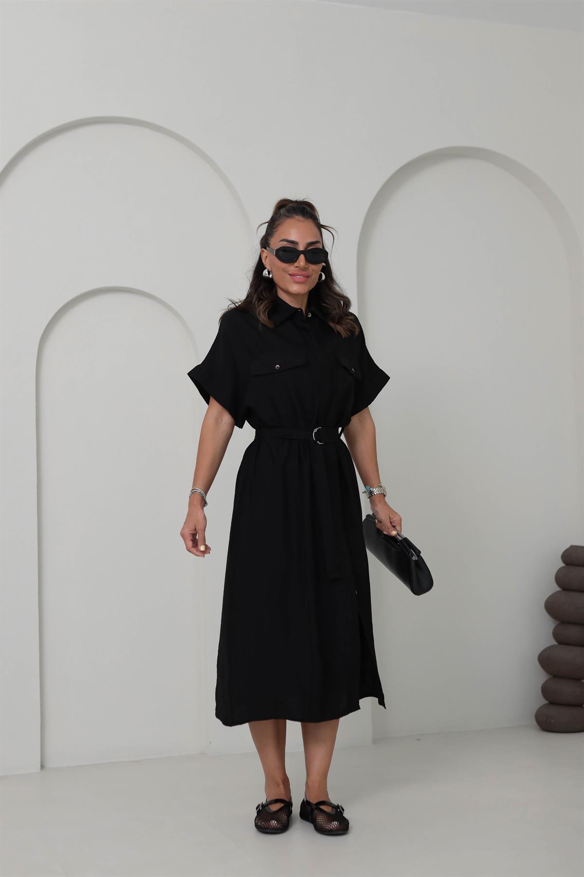 0236 Cep Kapaklı Kemerli Kısa Kol Gömlek Elbise SİYAH