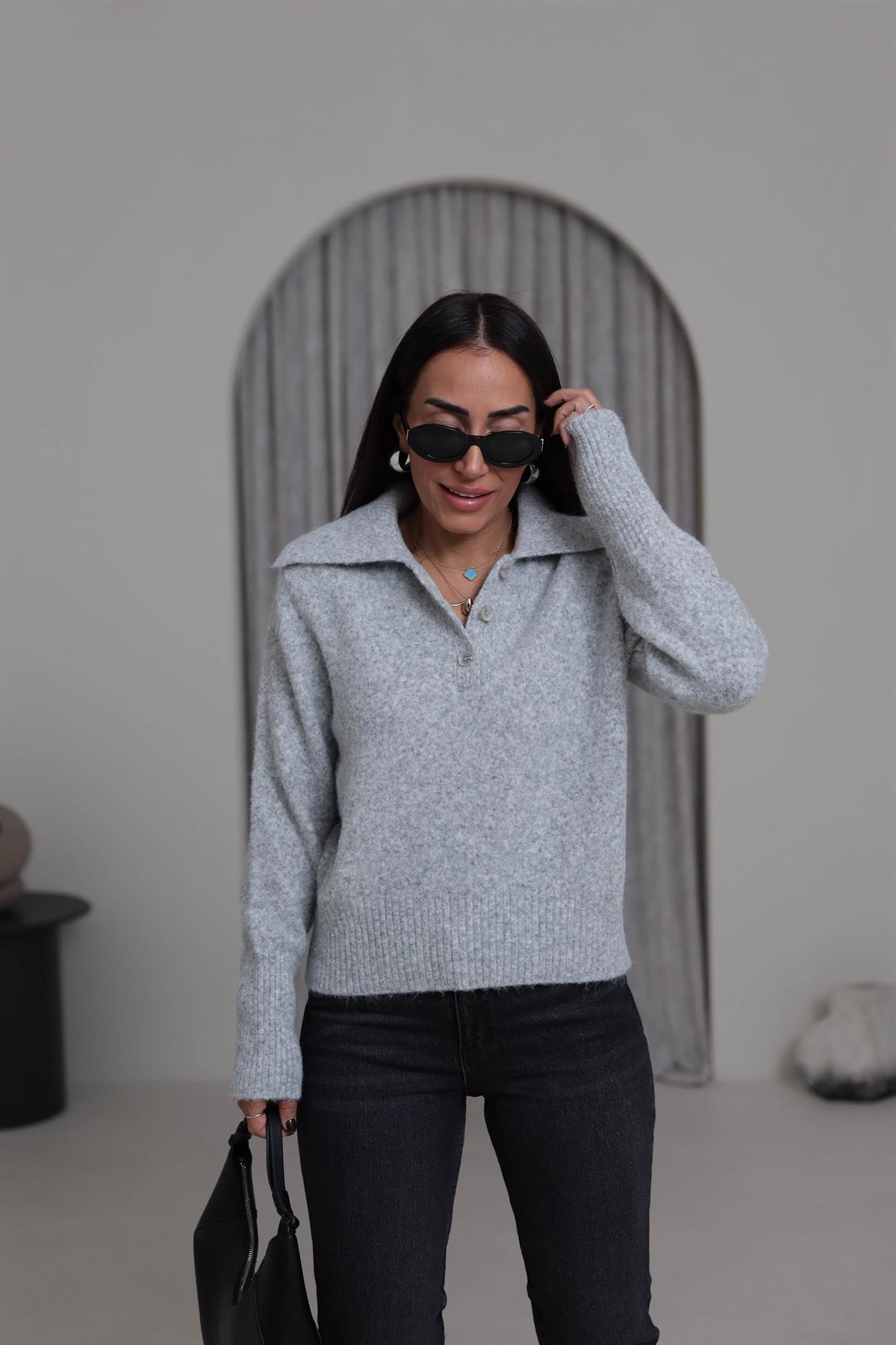 5069 Gömlek Yaka Yarım Düğmeli Kazak GRİ