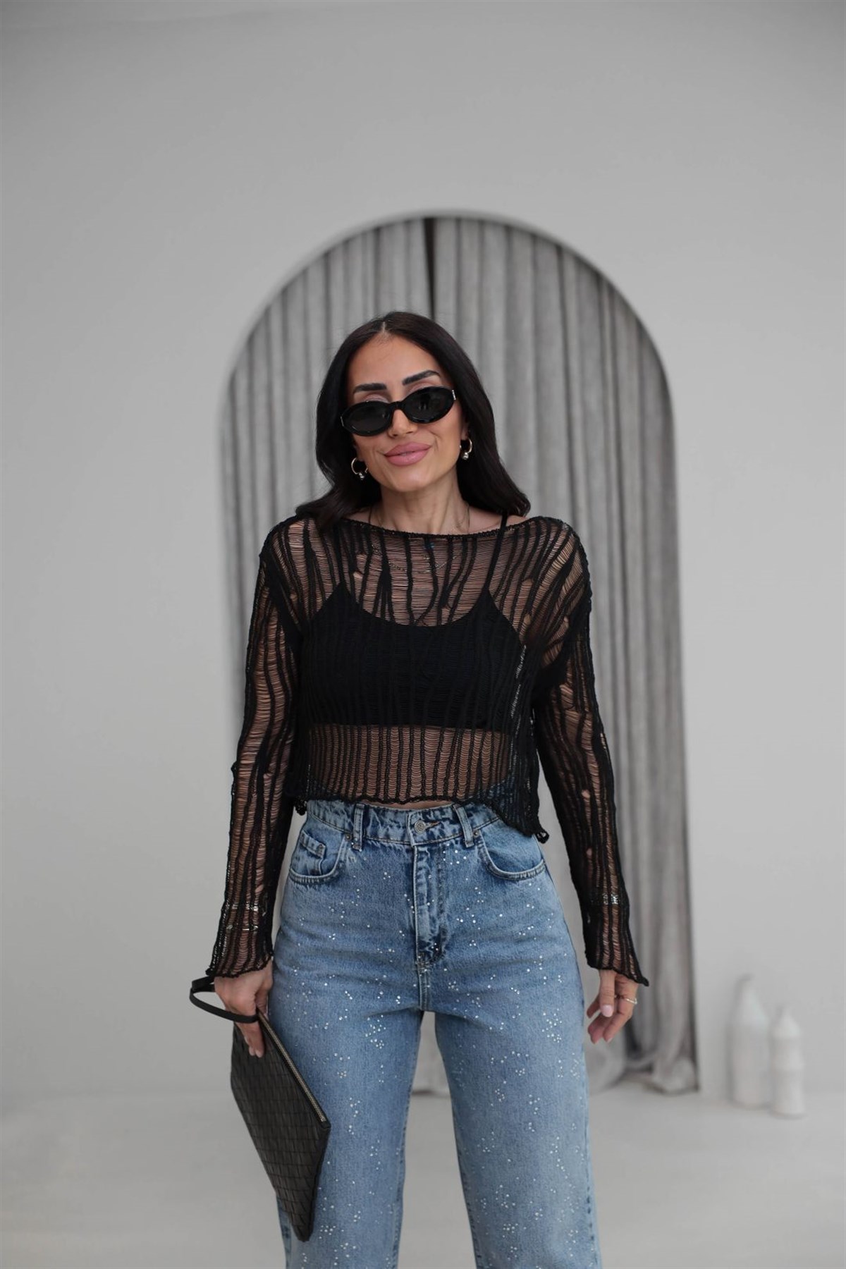 4490 Ajurlu Geniş Yaka Triko Bluz SİYAH