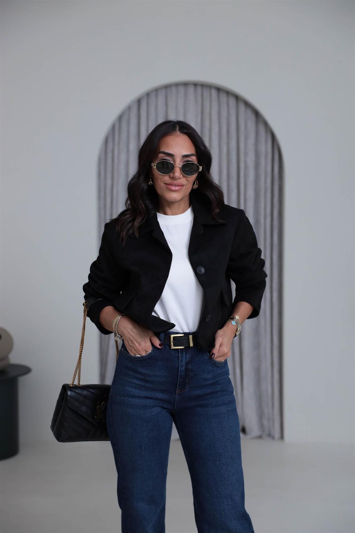 0208  Cep Detaylı Kısa Süet Ceket SİYAH