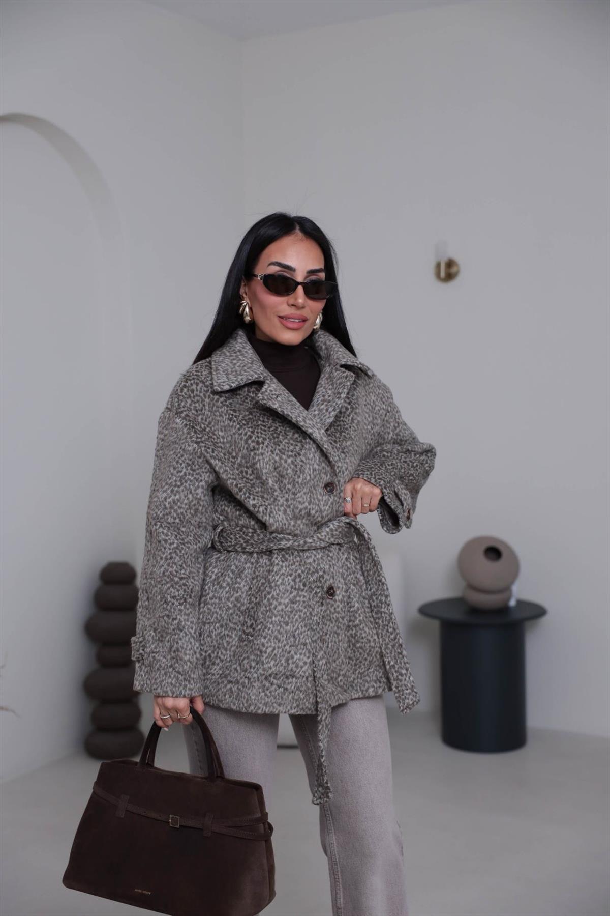 L0646 Desenli Kuşaklı Kaşe Ceket BEJ