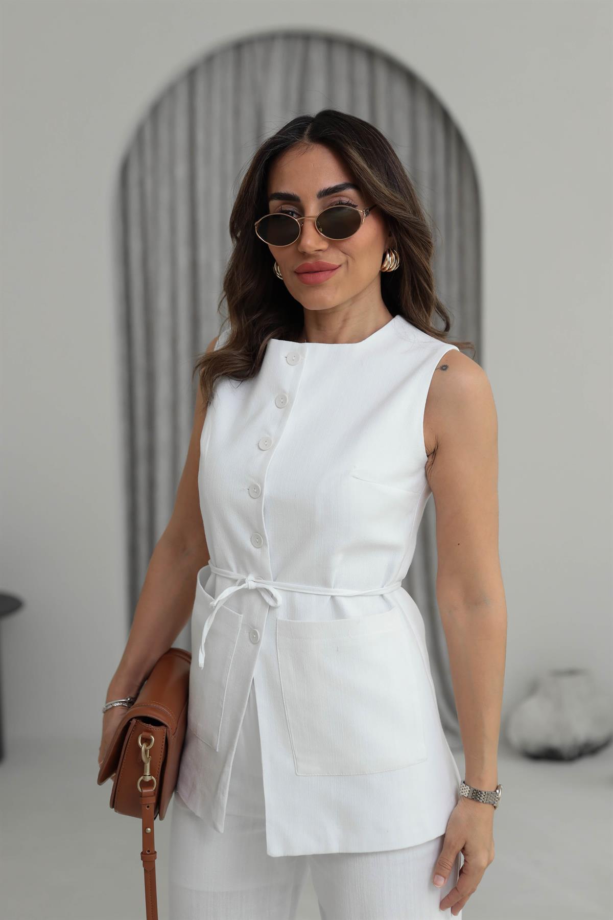 8602 Çift Cepli Keten Yelek Takım BEYAZ