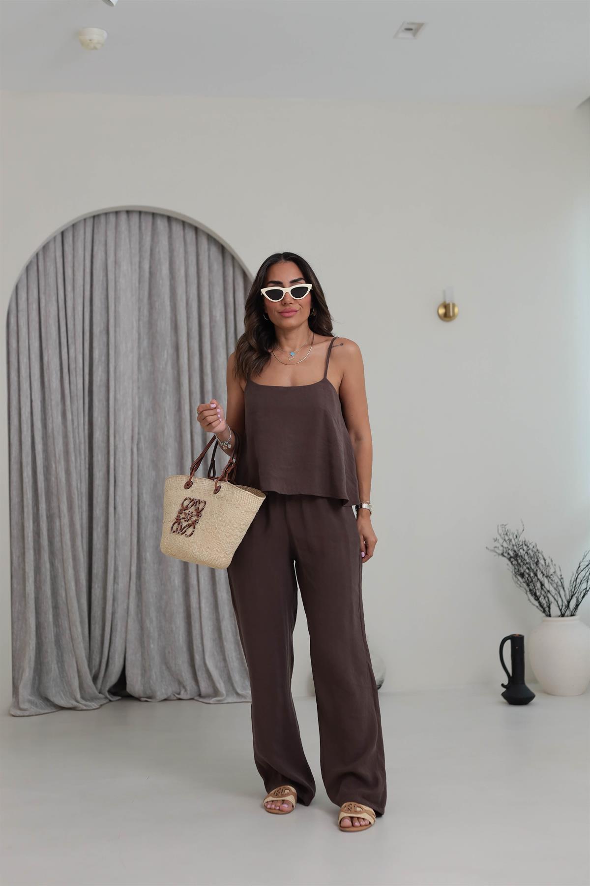 0455 İp Askılı Tencel Kumaş Takım KAHVE