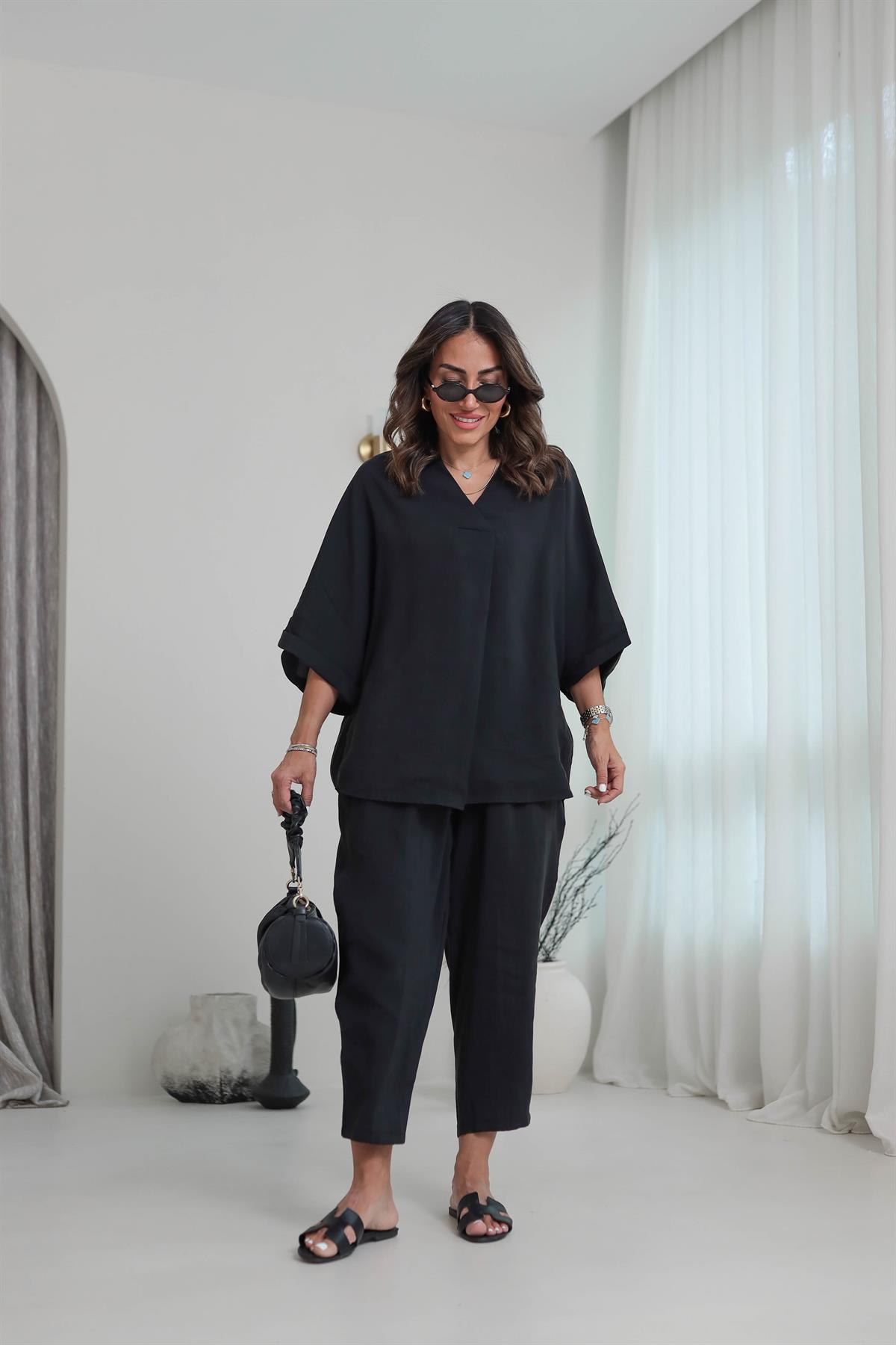 3077 Düşük Kol Tencel Kumaş Takım SİYAH