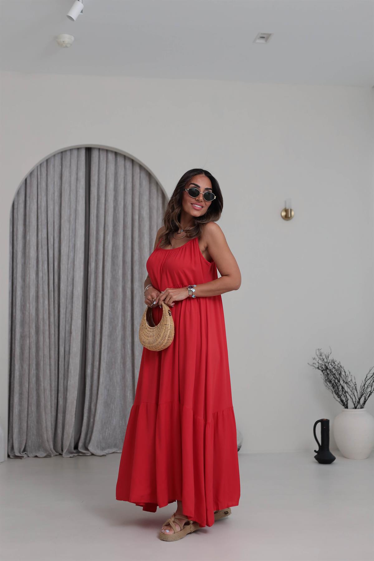 1387 Askıları Ayarlanabilir Viskon Maxi Elbise KIRMIZI