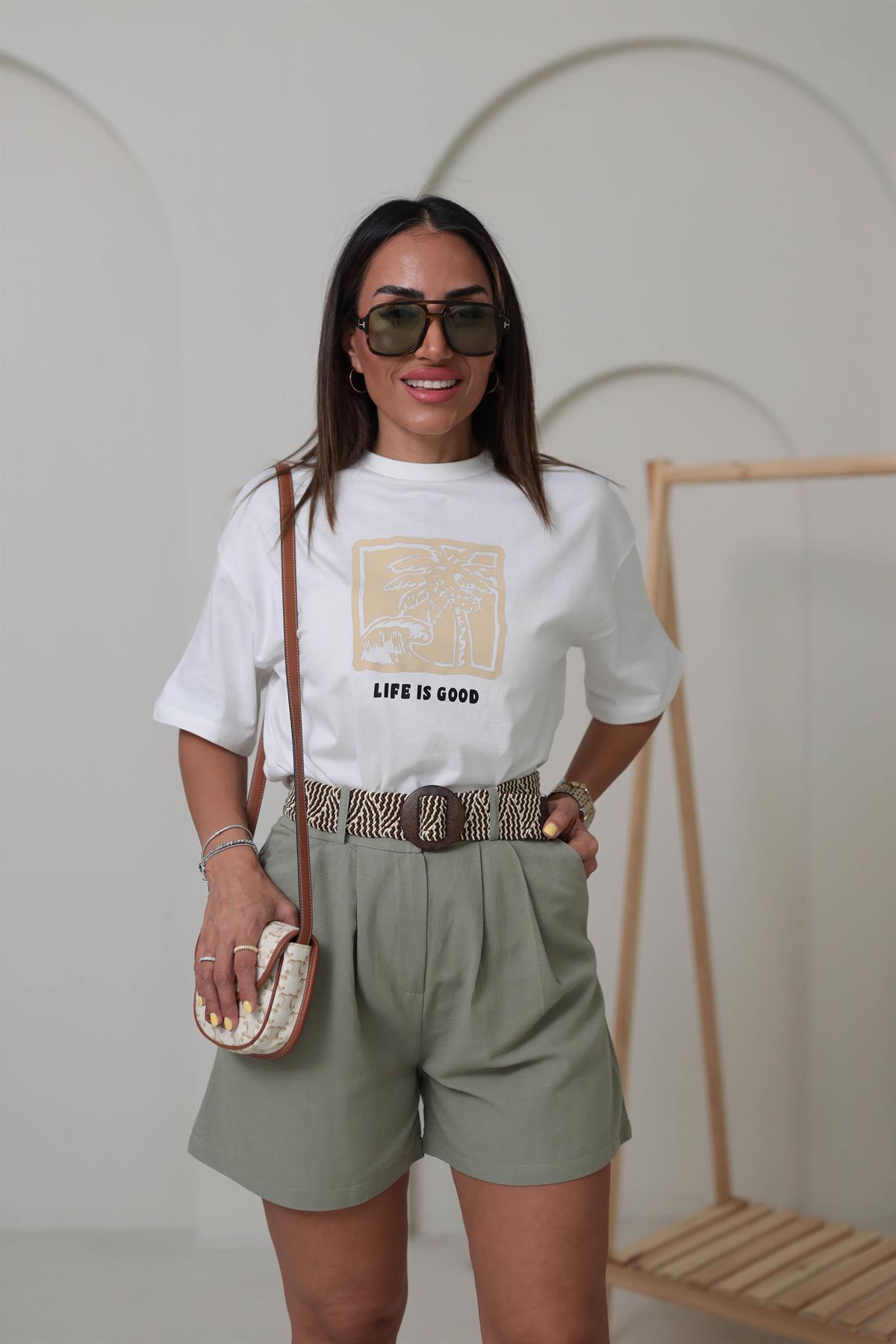 0392 Life Is Good Pamuklu Tshirt EKRU