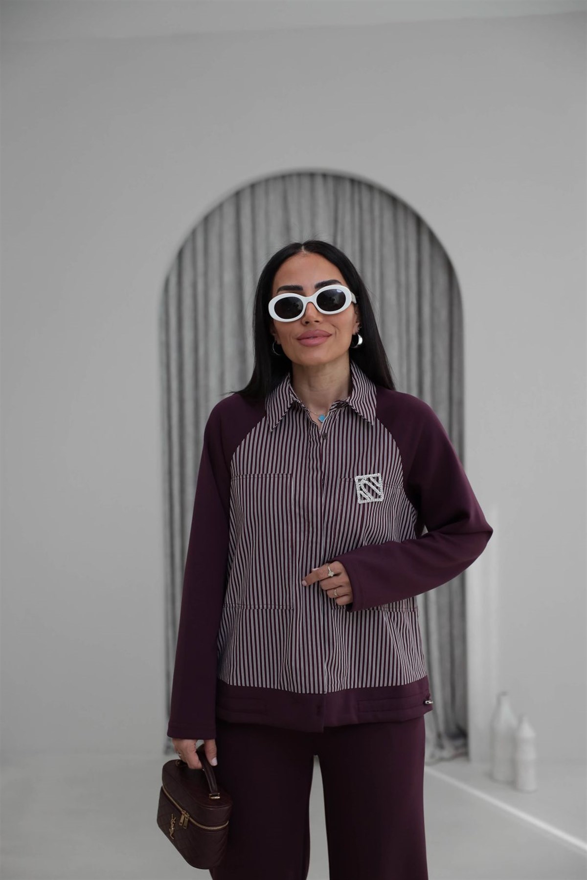 7145 Broşlu Gömlek Mixli Modal Takım BORDO