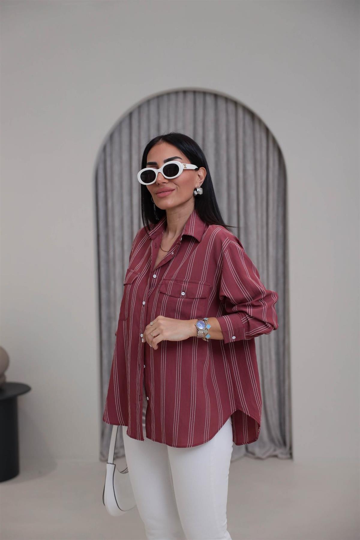 4003 Cepli Çizgili Viskon Gömlek BORDO
