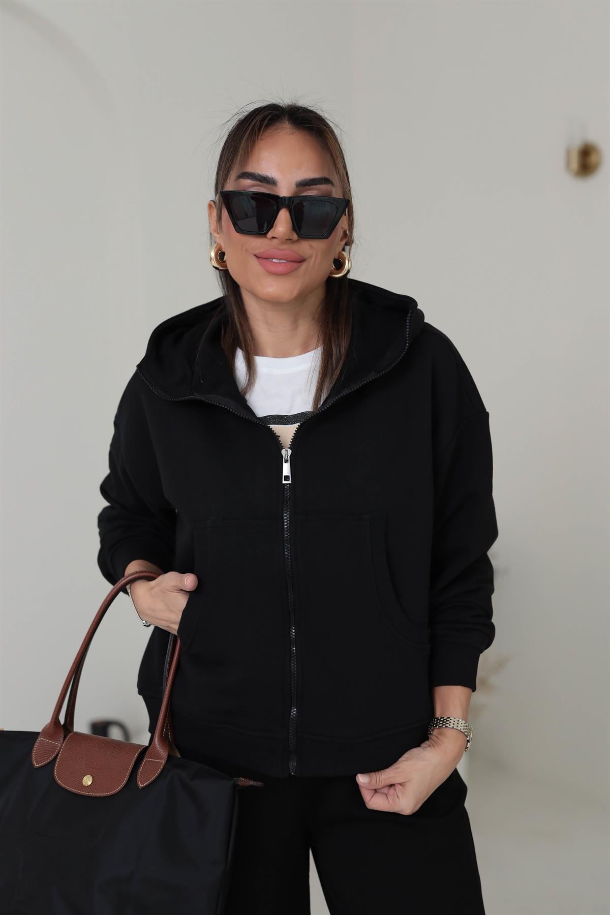 1234 Kolları Ribanalı Kapşonlu Ve Fermuarlı Sweatshirt SİYAH