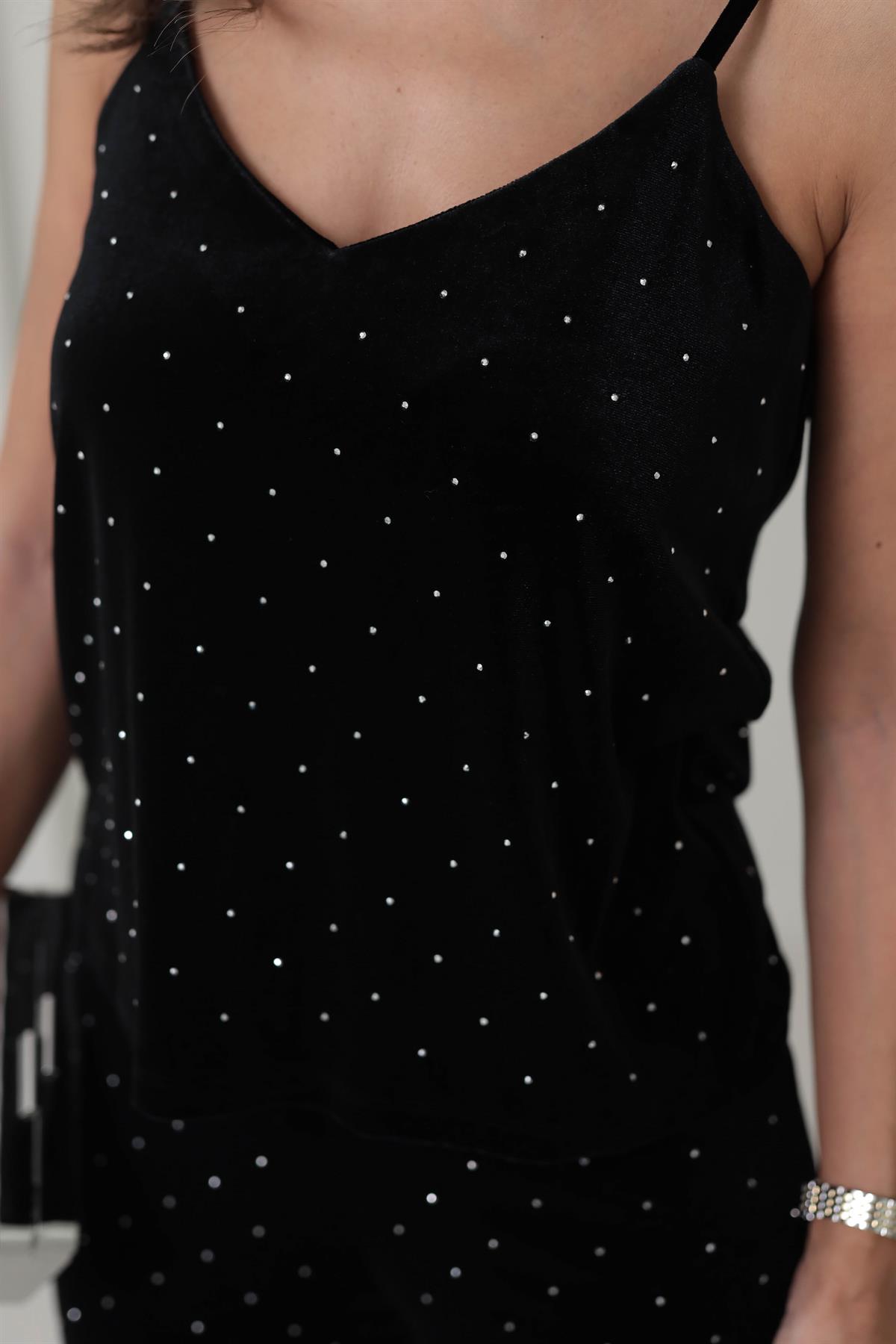 6766 Taşlı Kadife Atlet SİYAH