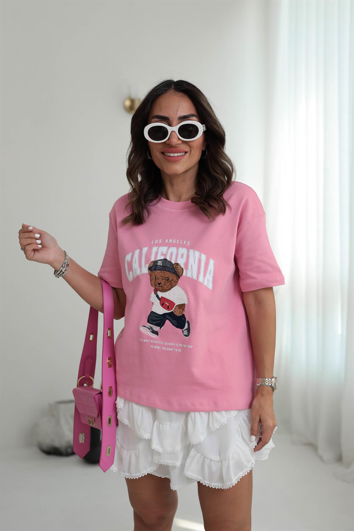 0295 Bisiklet Yaka Tedy Nakışlı Koton Tshirt PEMBE