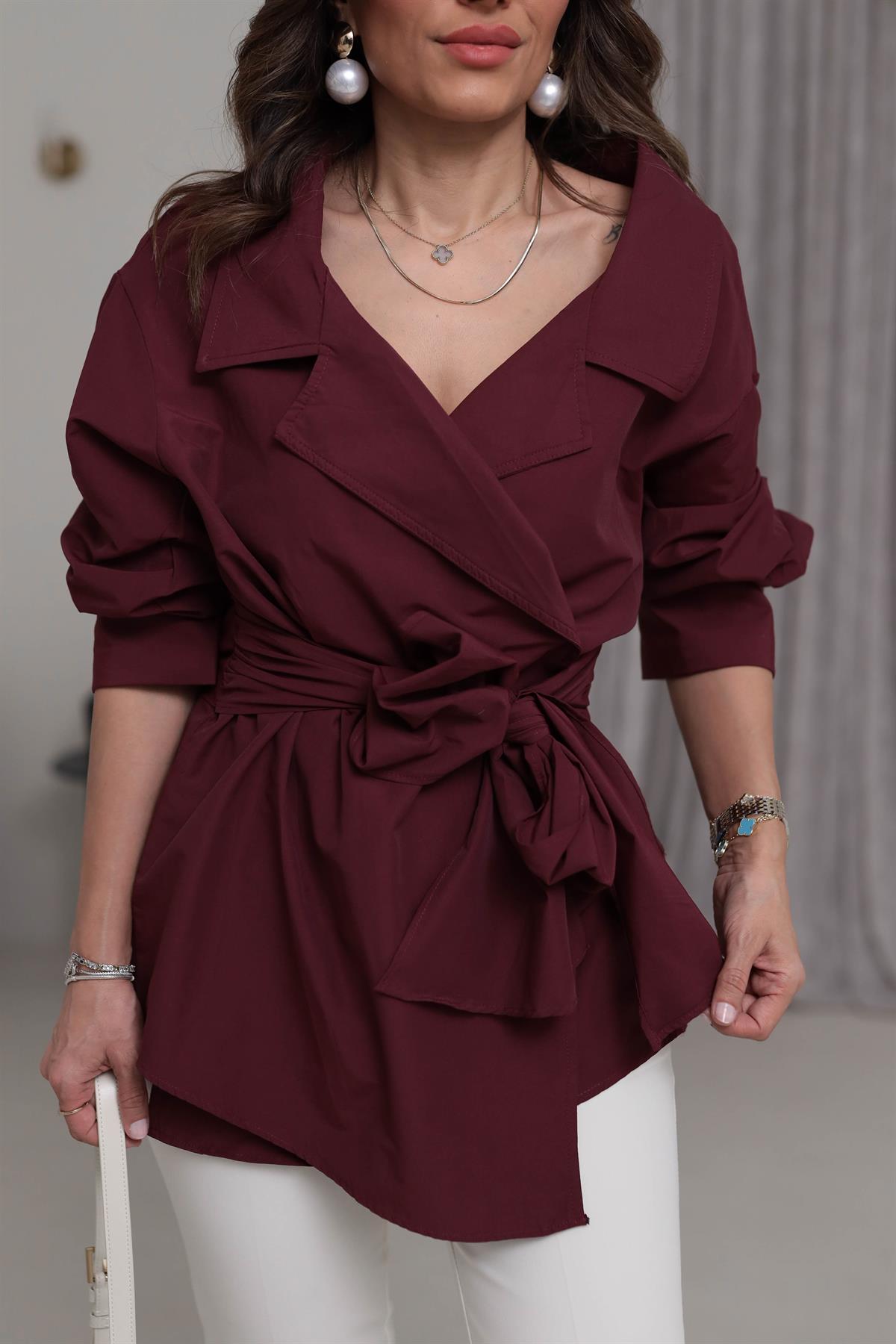 3165 Kruvaze Kuşaklı Poplin Gömlek Bluz BORDO