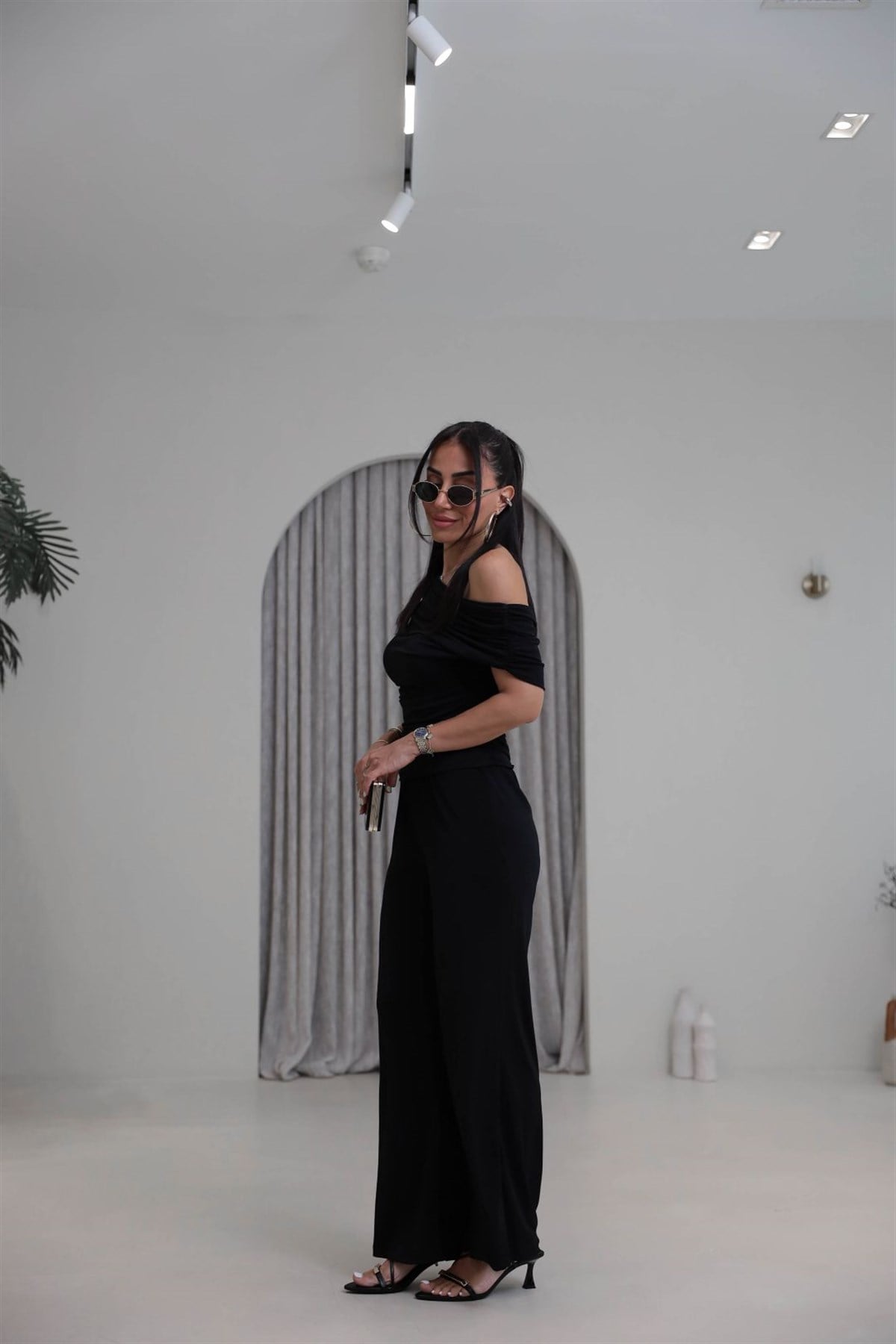 5388 Dökümlü Drapeli Sandy Bluz Pantolon Takım SİYAH