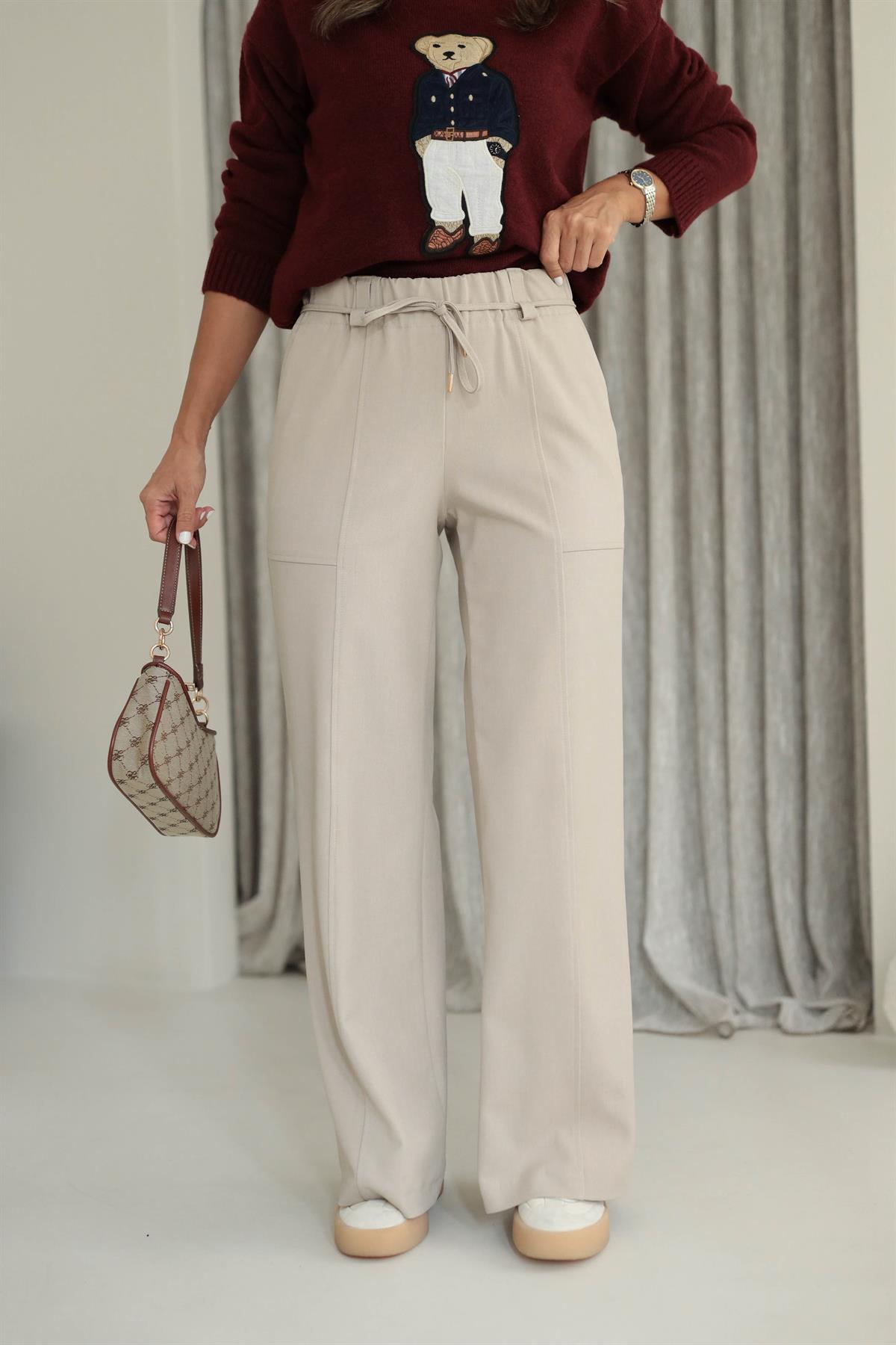 1546 Beli Lastikli Bol Pantolon TAŞ