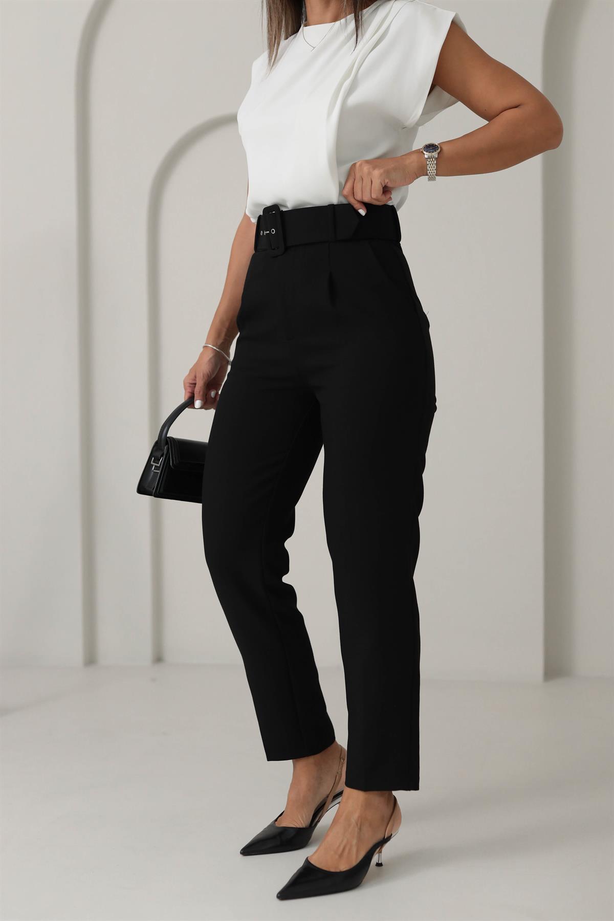 4096 Kemerli Kumaş Pantolon SİYAH