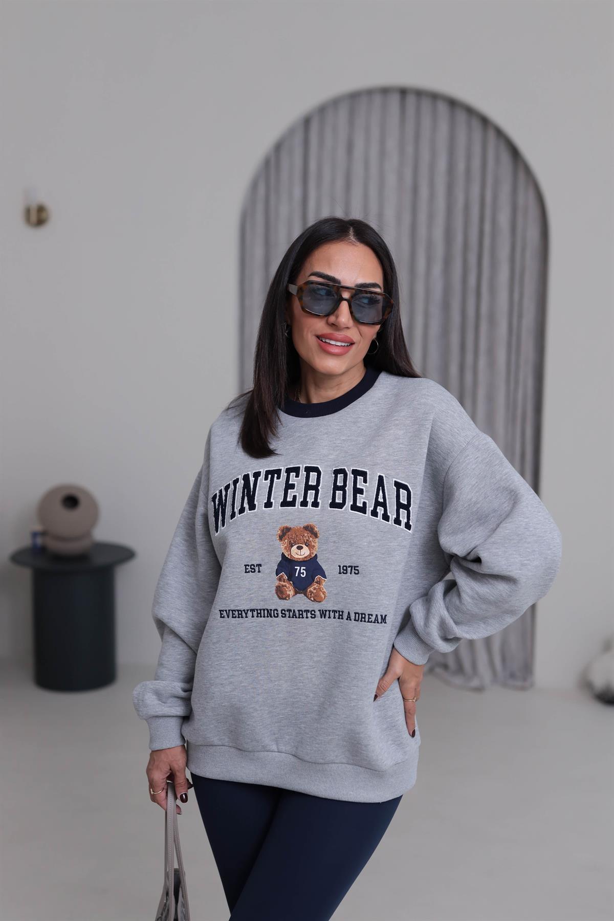 1082 Teddy Baskılı Şardonlu Sweatshirt GRİ MELANJ