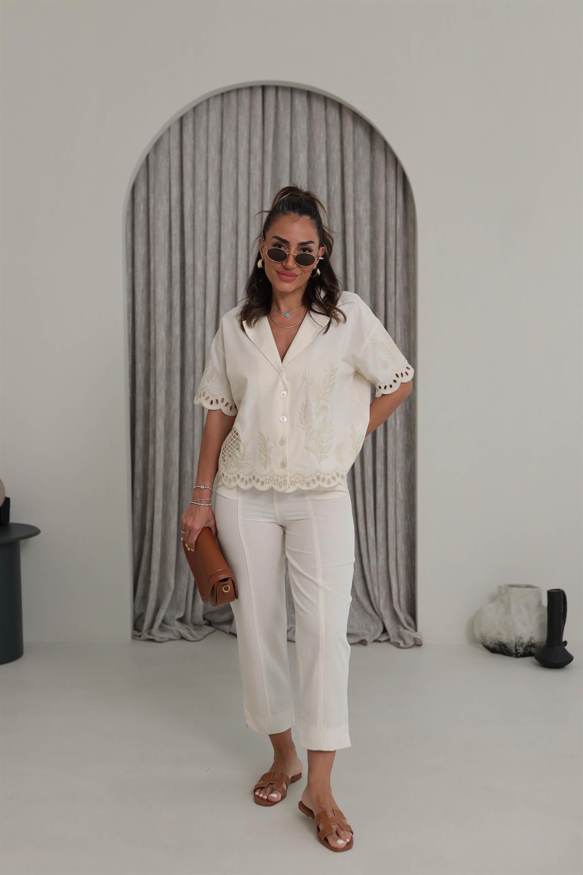 3875Y Balıksırtı Detay Yüksek Bel Pantolon NATURAL