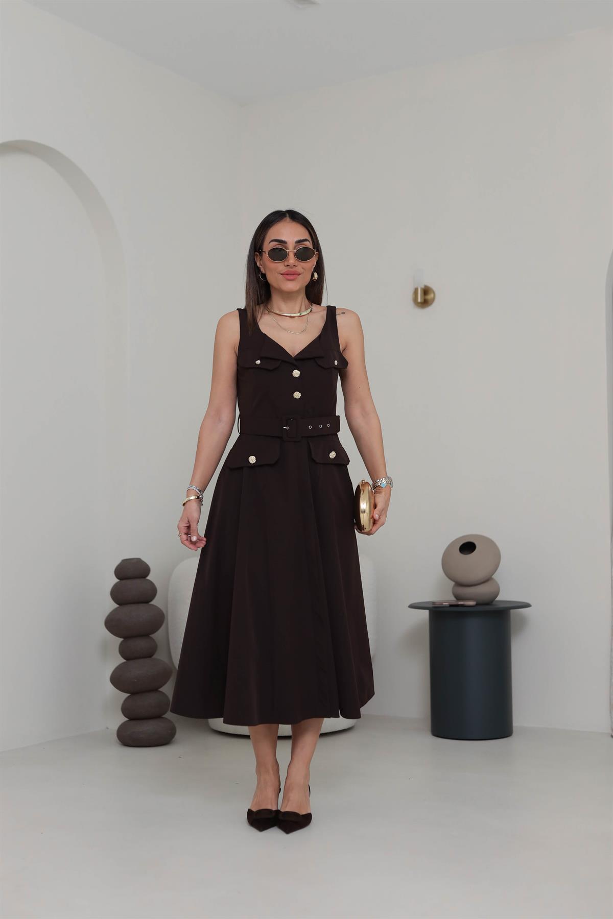 Kare Yaka Gold Düğmeli Cep Kapaklı Elbise ACI KAHVE