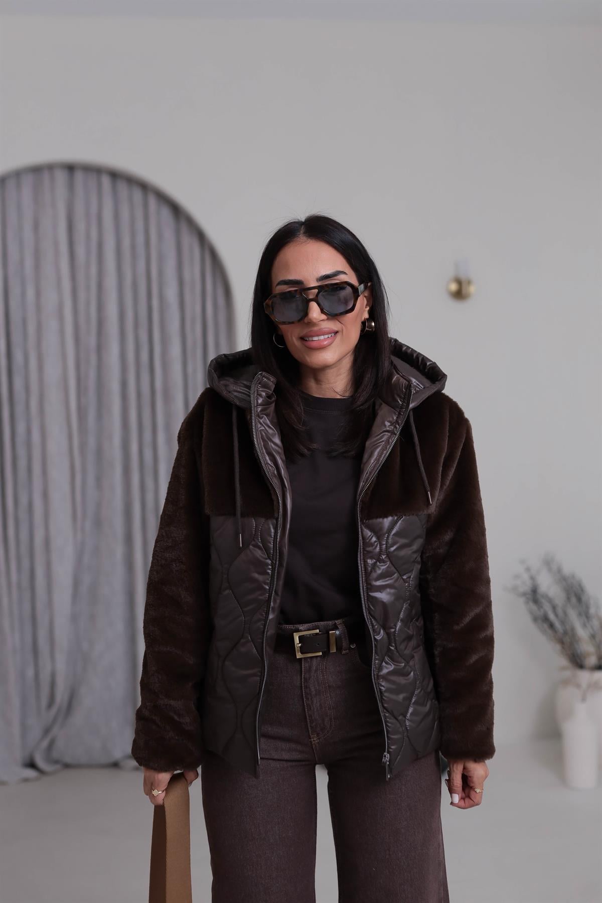 M09 Kürk Garnili Kapşonlu Kapitone Mont KAHVE