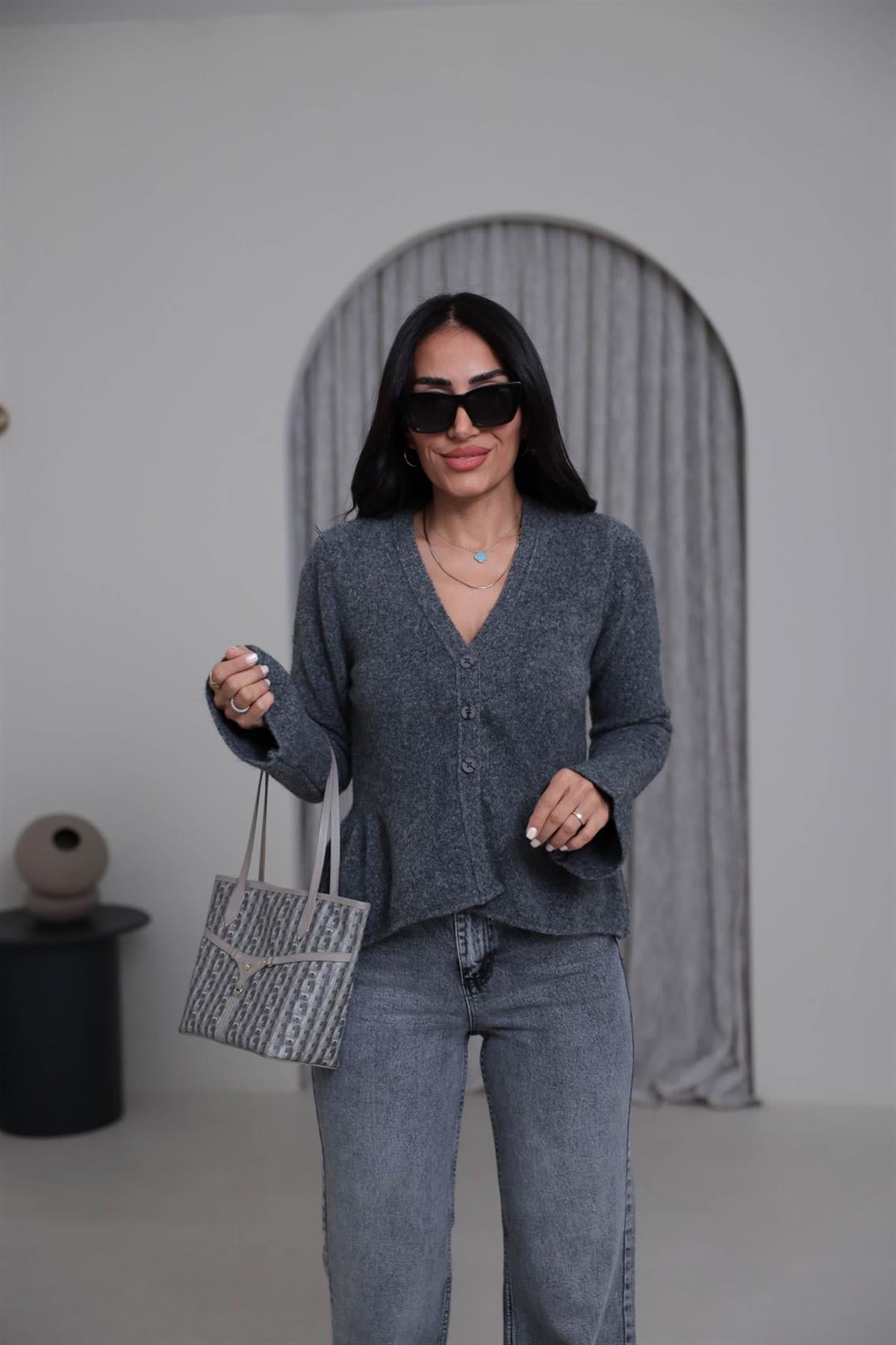 4930 V Yaka İspanyol Kol Peplum Hırka KOYU GRİ