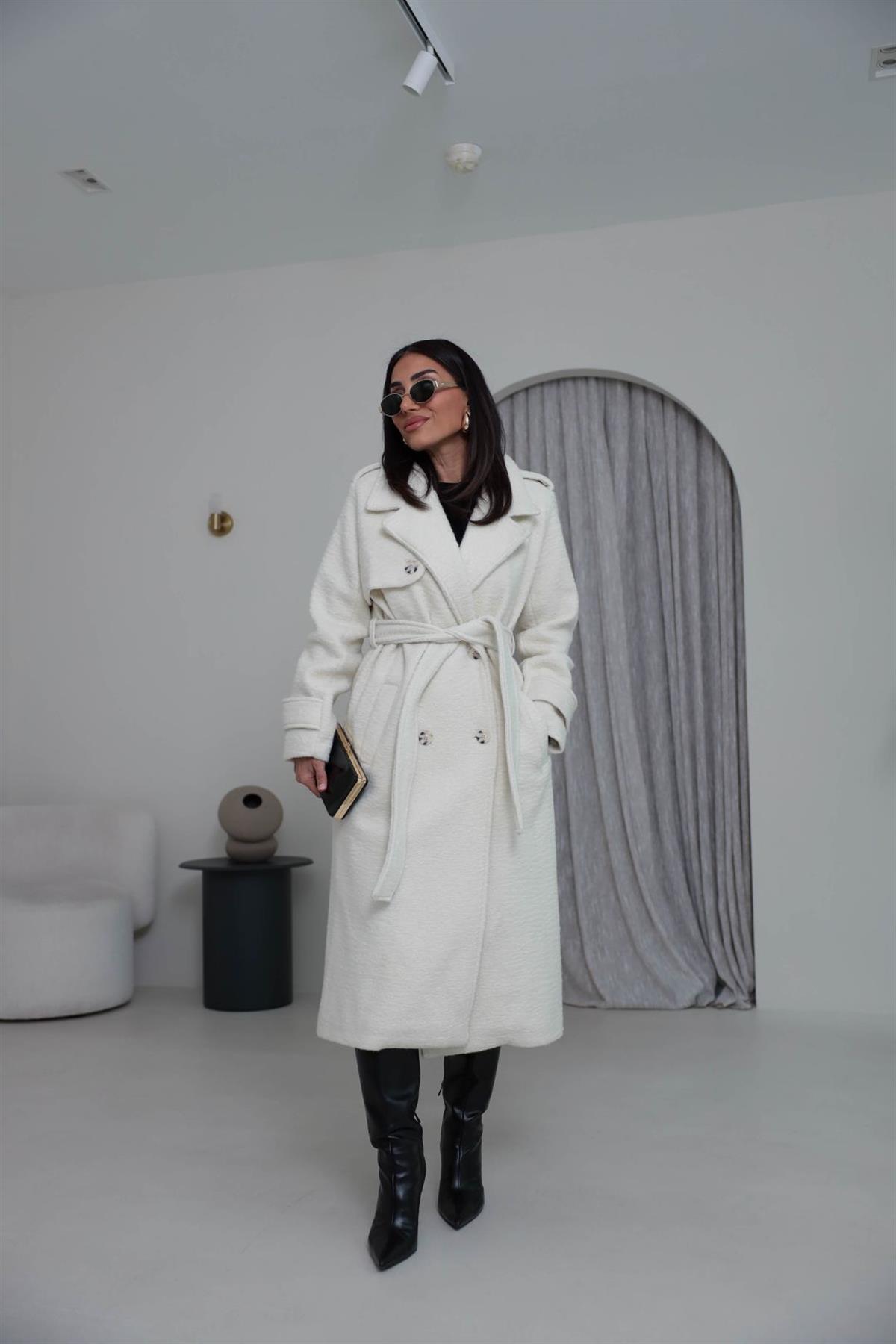 0611 Kuşaklı Apoletli Kaşe Kaban EKRU