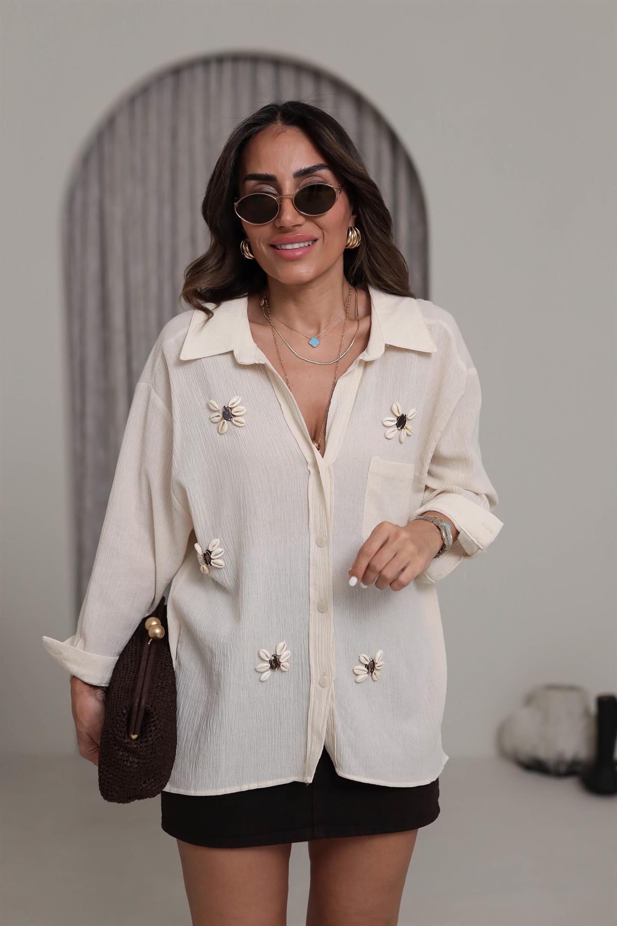 4720 Düşük Omuzlu İşlemeli Gömlek TAŞ