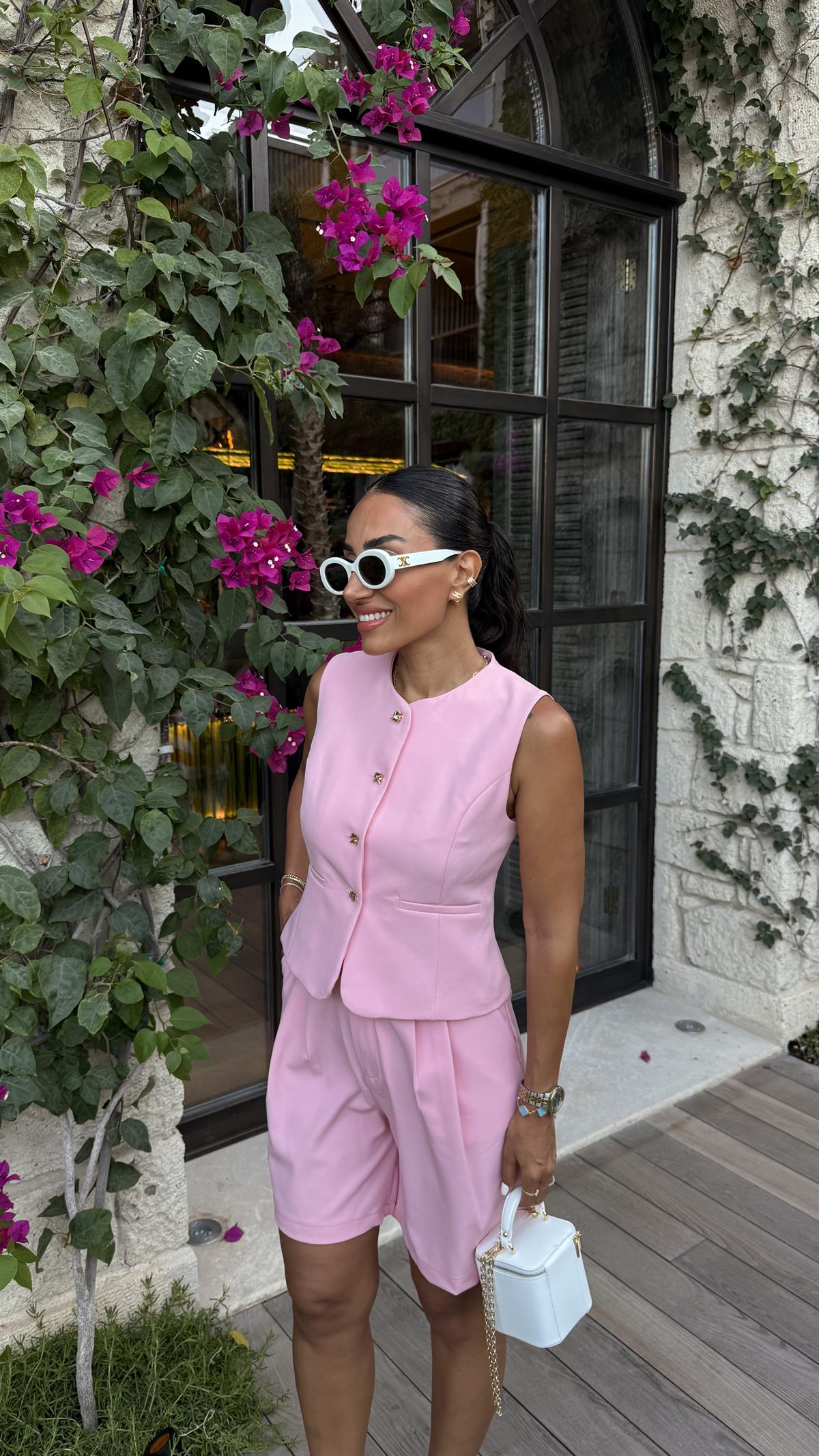 0292 Gold Düğmeli Yelek & Şort Takım PEMBE