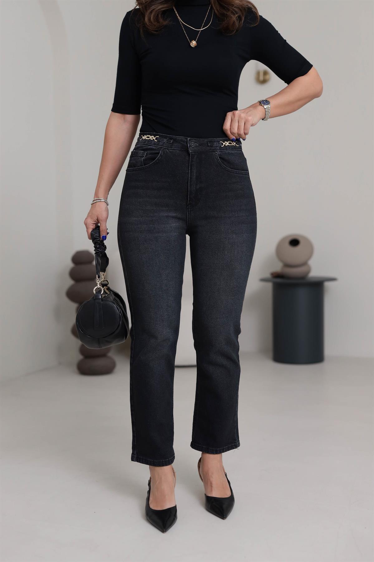 1752 Yüksek Bel Zincir Aksesuar detaylı Pantolon FÜME