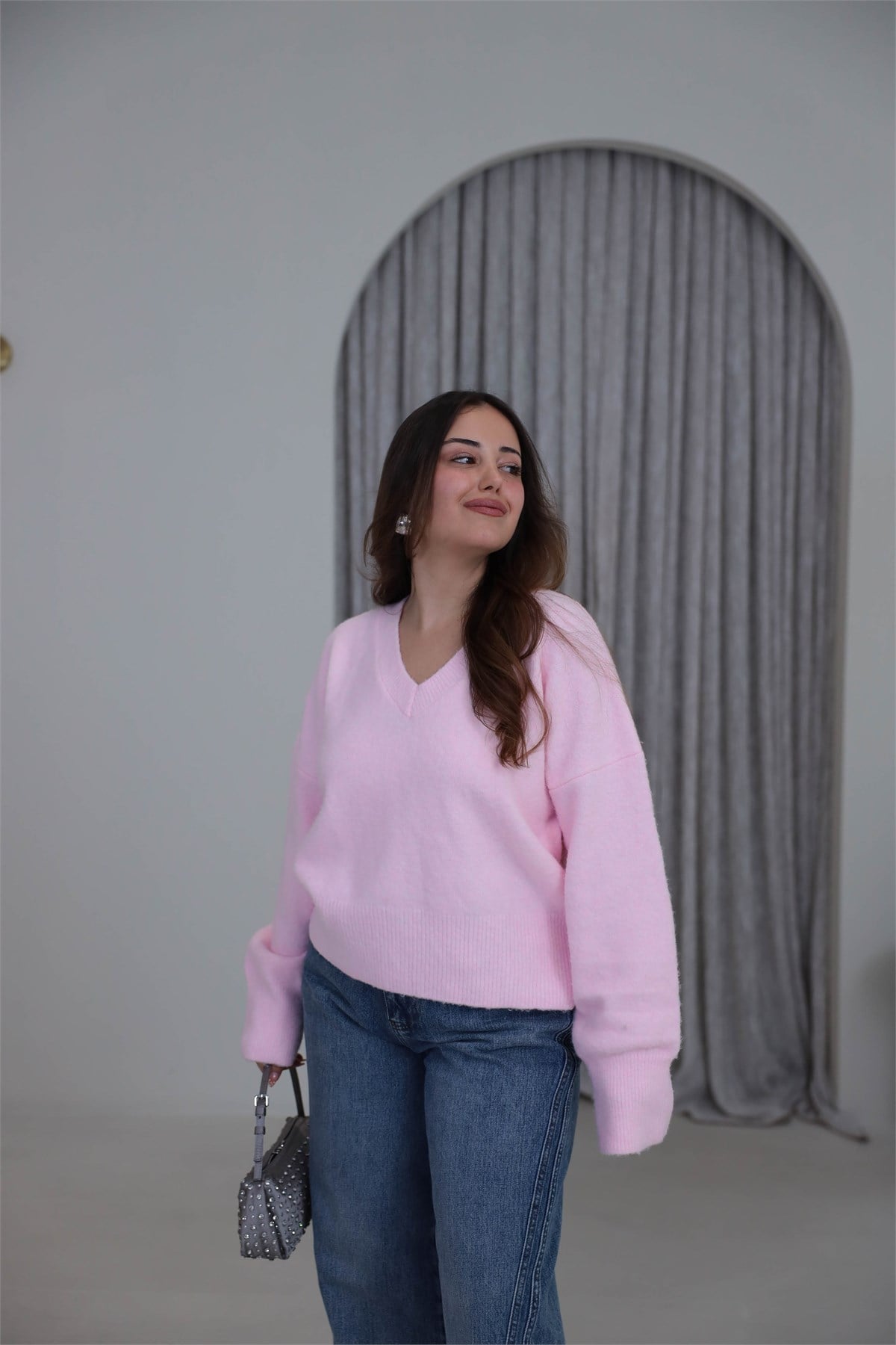 2733 V Yaka Yün Karışımlı Kazak ŞEKER PEMBE
