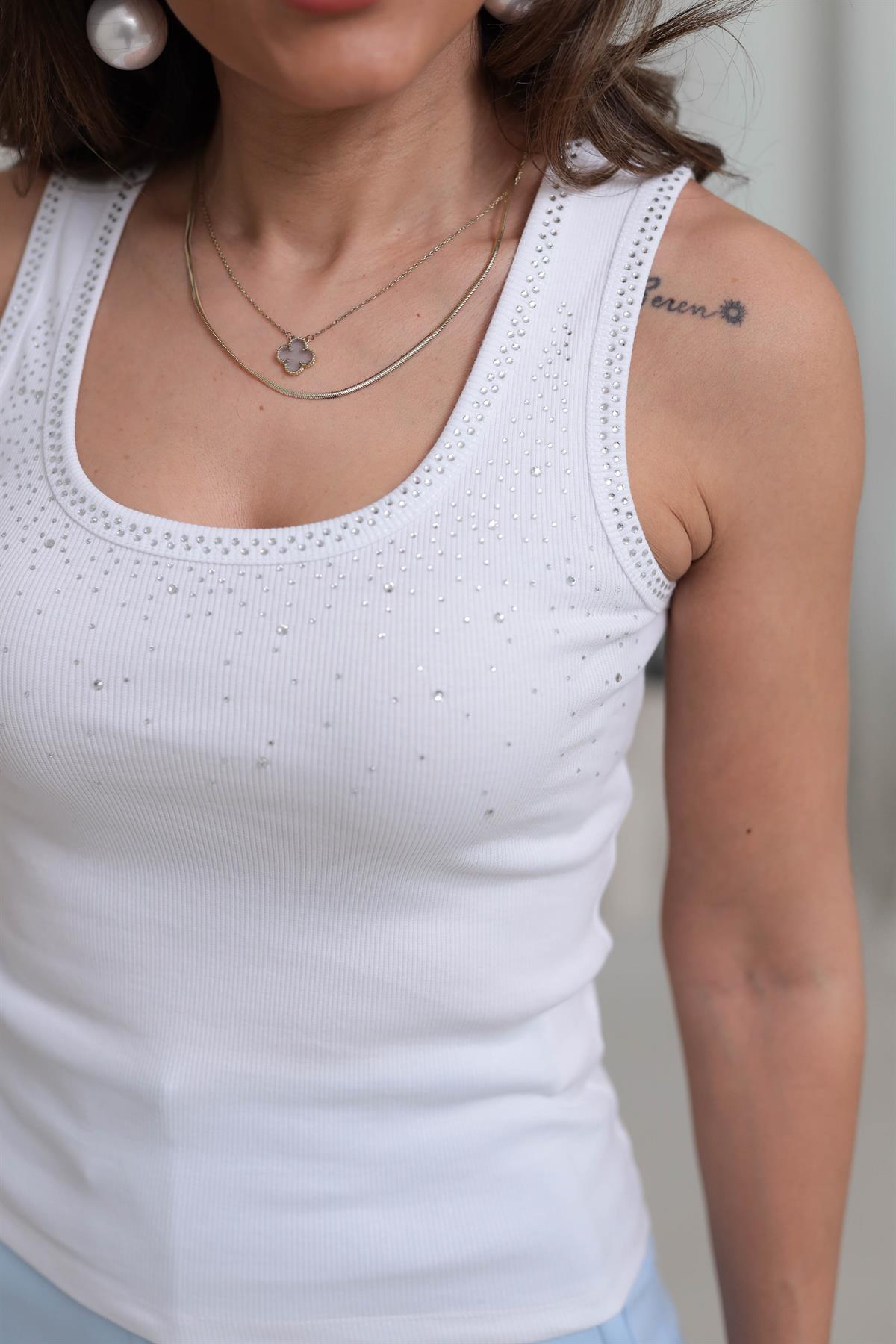 1015 Dağınık Taşlı Atlet BEYAZ