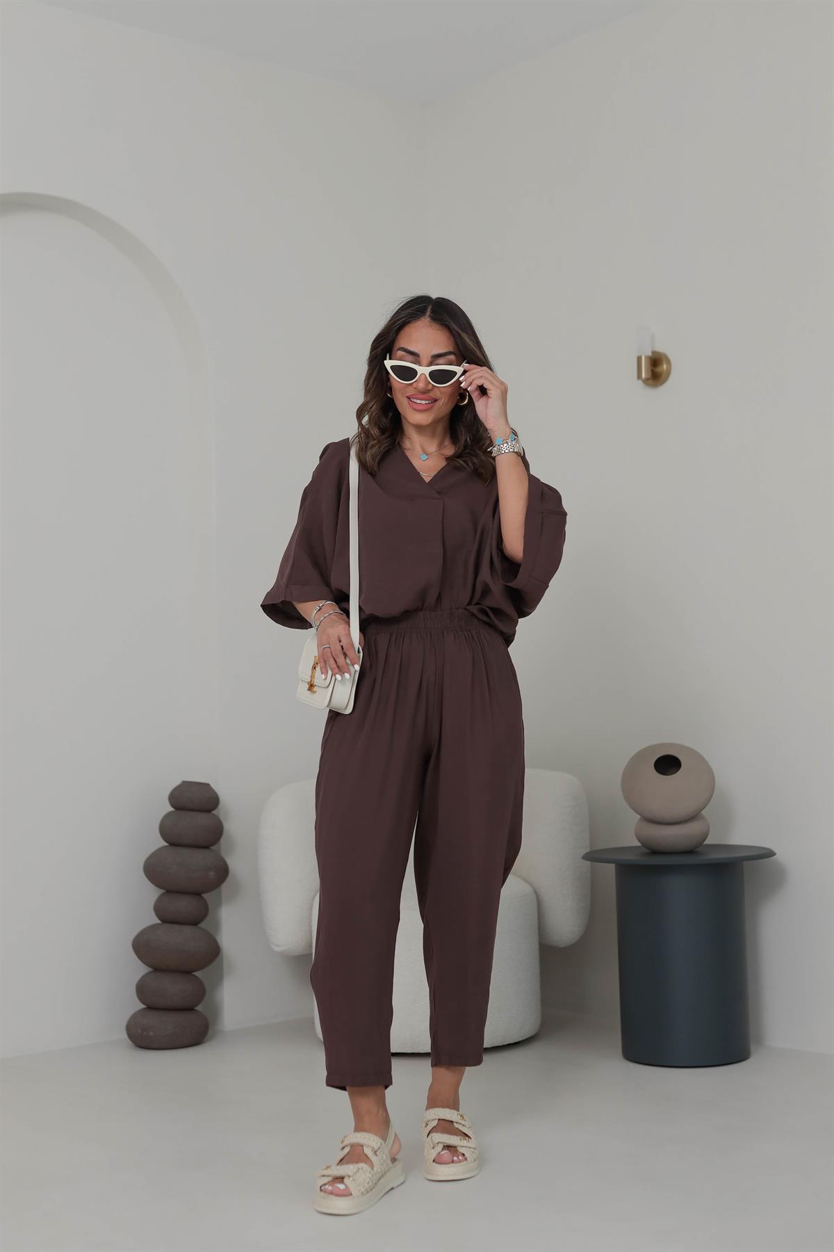 3077 Düşük Kol Tencel Kumaş Takım KAHVE