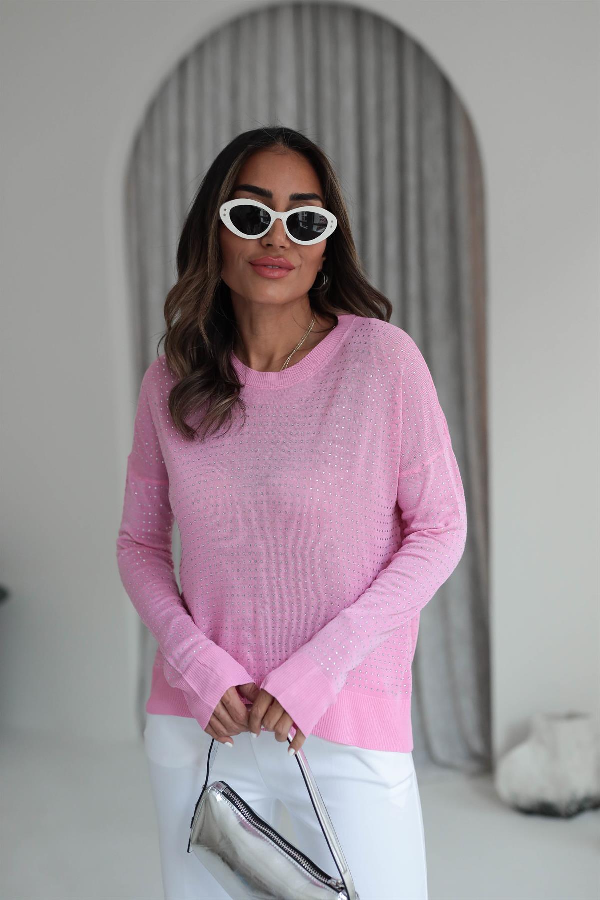 7010 Taşlı Merserize Triko Bluz PEMBE