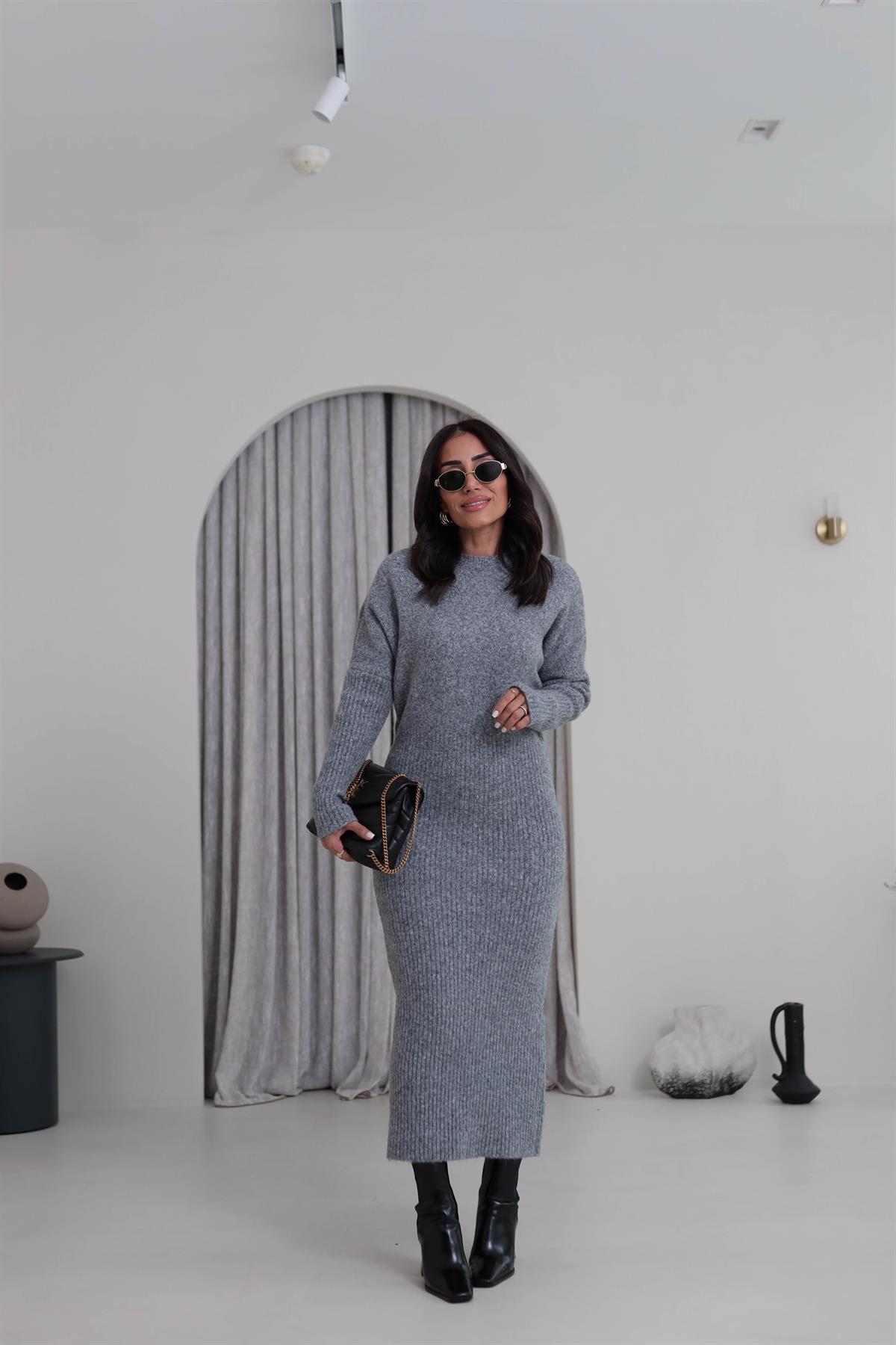 0260 Bisiklet Yaka Yumuşak Dokulu Triko  Elbise GRİ MELANJ