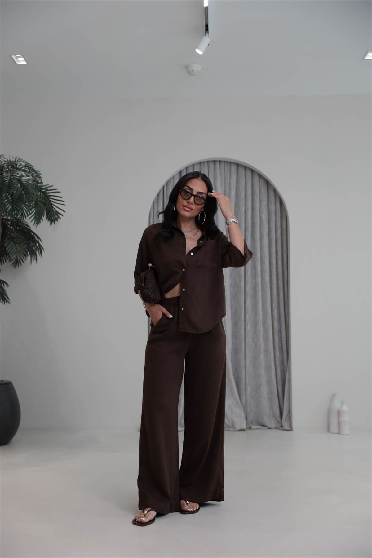 3444  Soft Tencel Kumaş Oversize Takım KAHVE