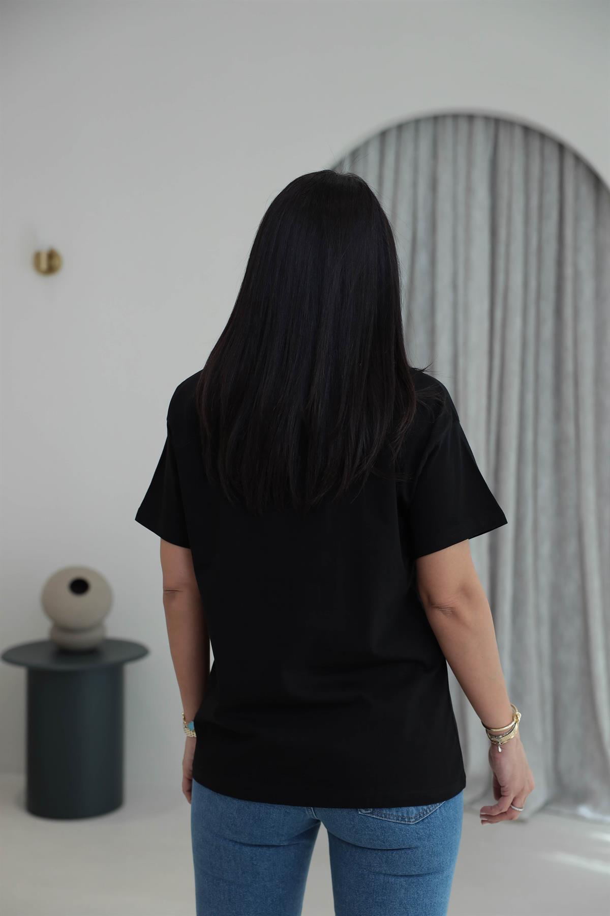 7514 Bisiklet Yaka Teddy Aplikeli Tshirt SİYAH