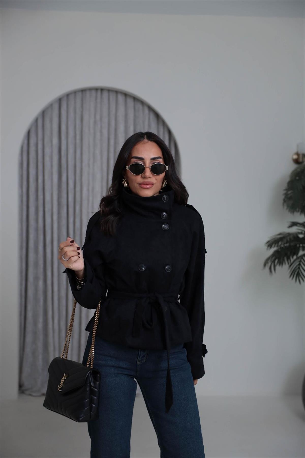 8437 Dik Yaka Kuşaklı Süet Ceket SİYAH