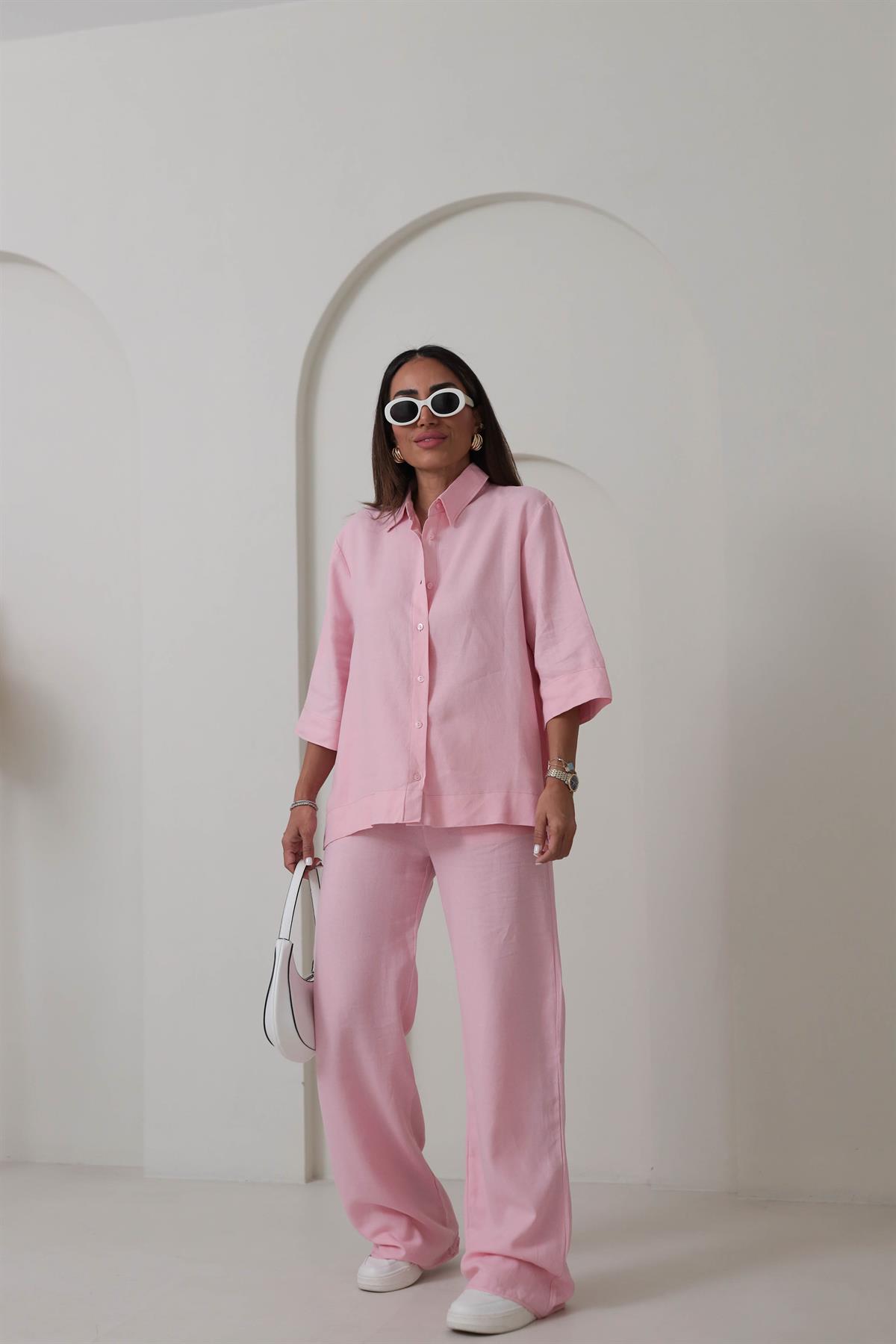 0390 Yarım Kol Gömlekli Pantolonlu Keten Takım PEMBE