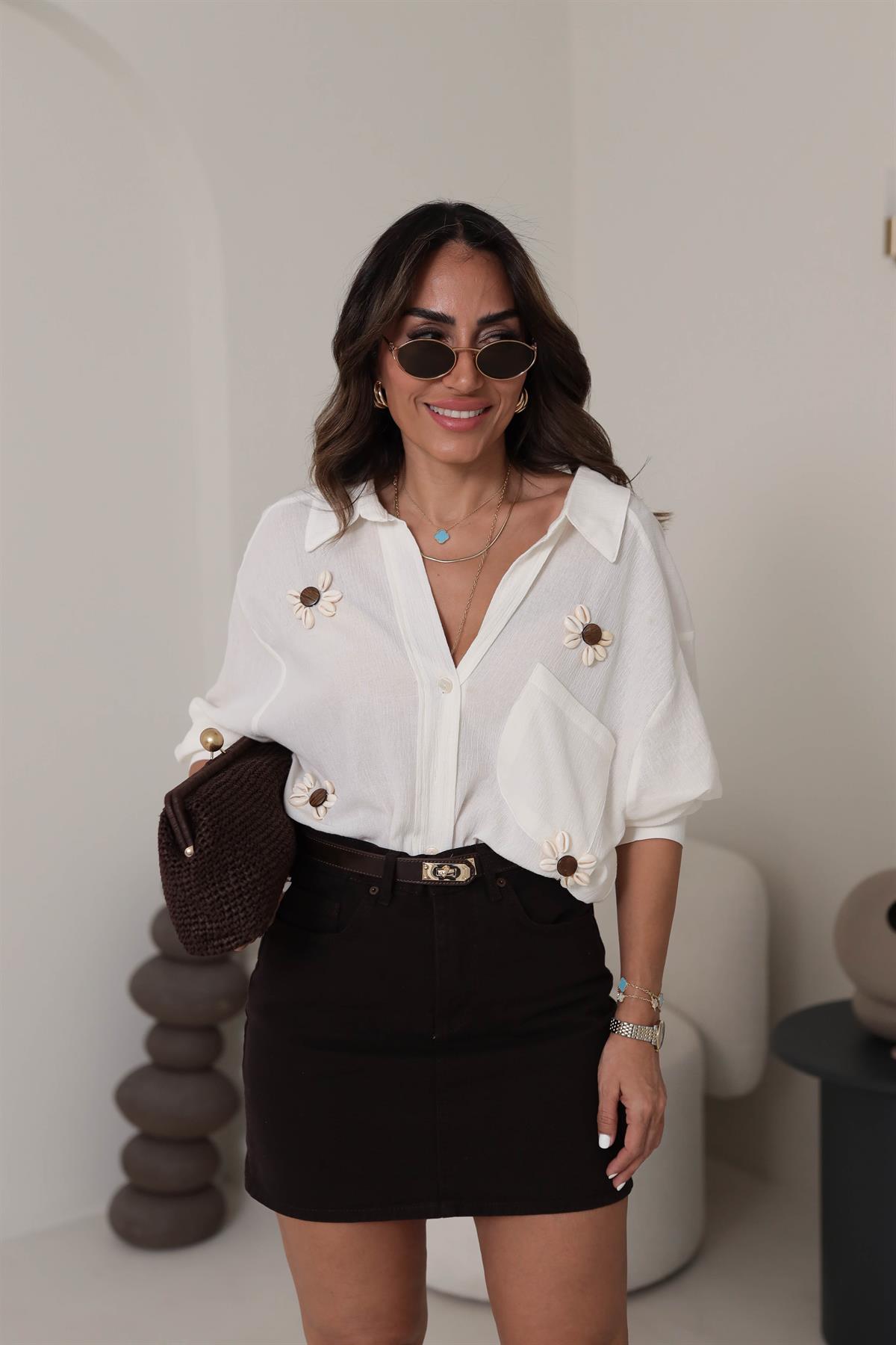 4720 Düşük Omuzlu İşlemeli Gömlek EKRU