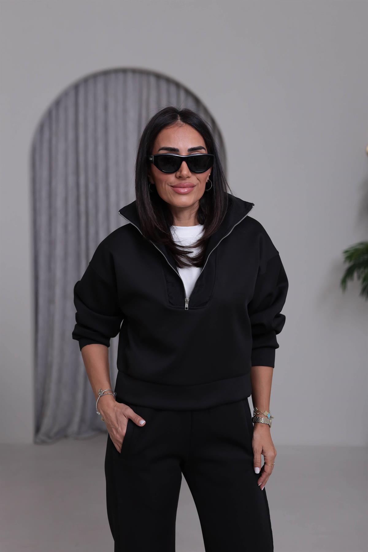 2624 Paraşüt Detaylı Yarım Fermuarlı Scuba Takım SİYAH