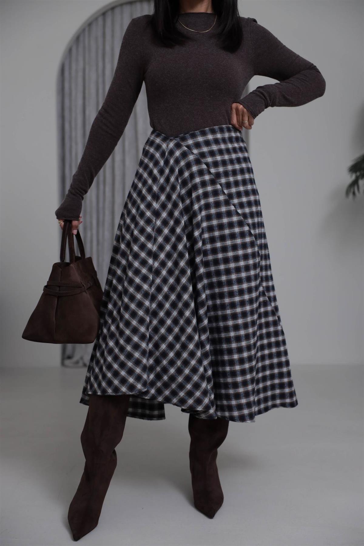 0377 Asimetrik Ekose Etek KAHVE