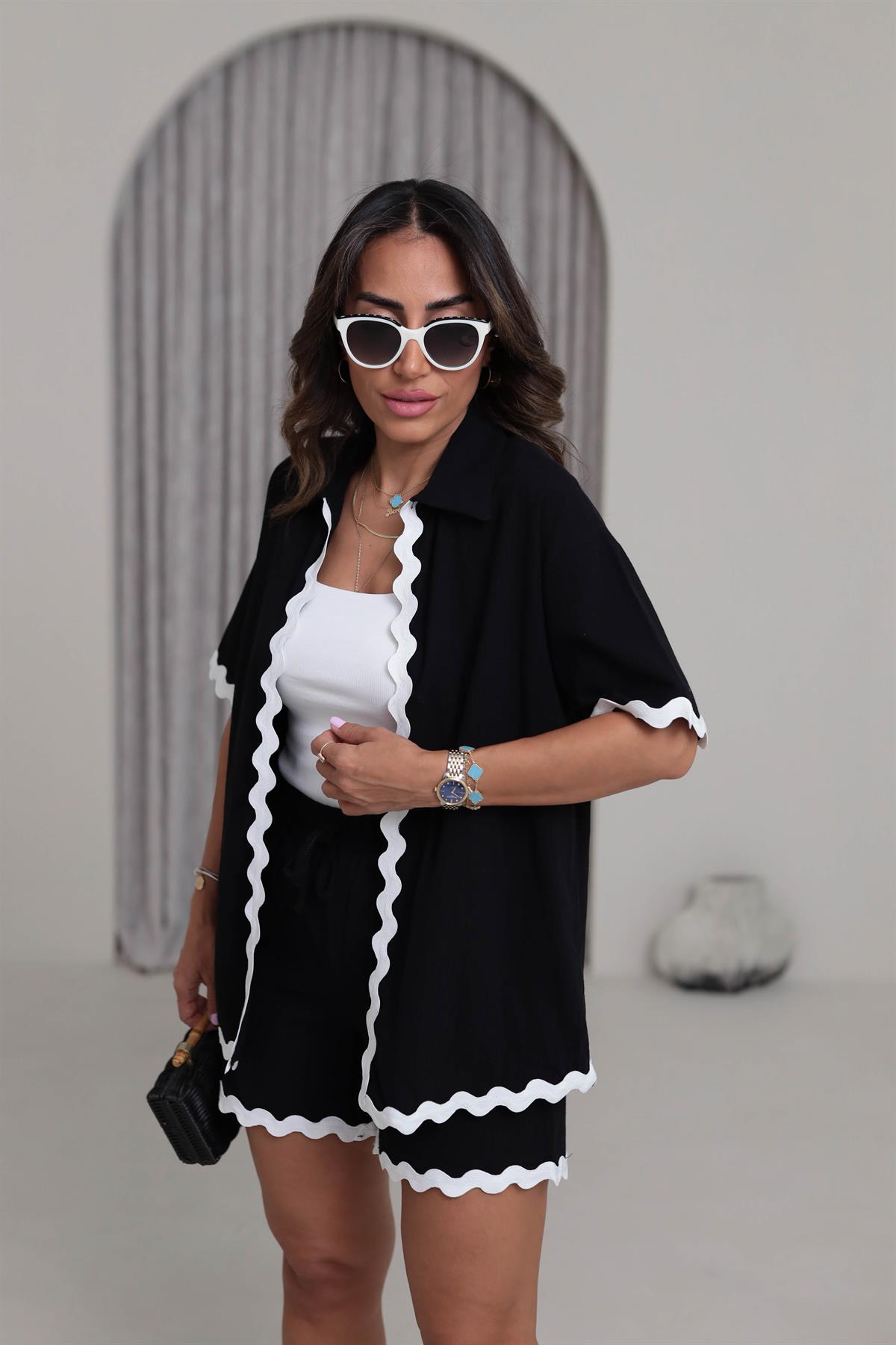 1182 Kontrast Dalga Nakışlı Keten Kimono Şort Takım SİYAH