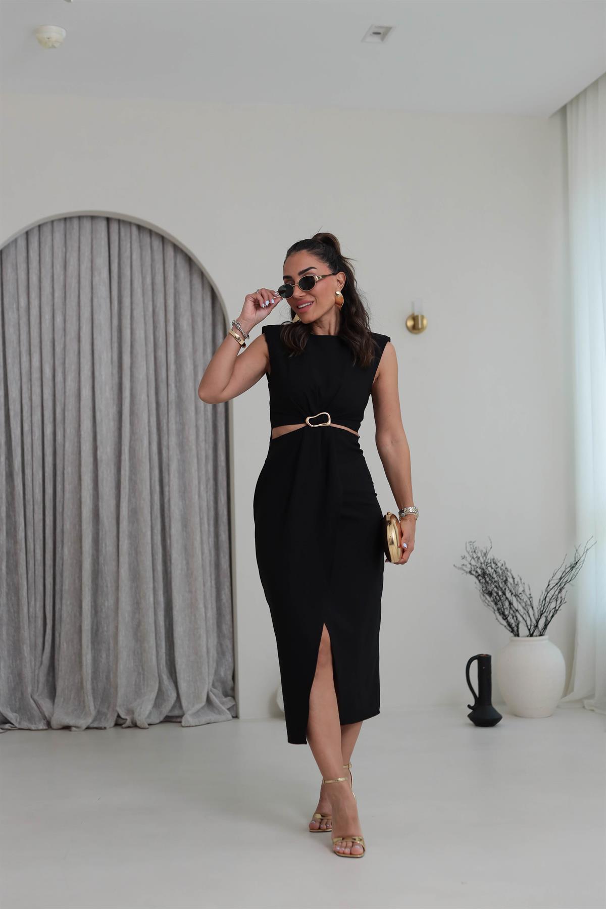 3755 Sıfır Kol  Bel Dekolteli Gold Tokalı Midi Elbise SİYAH