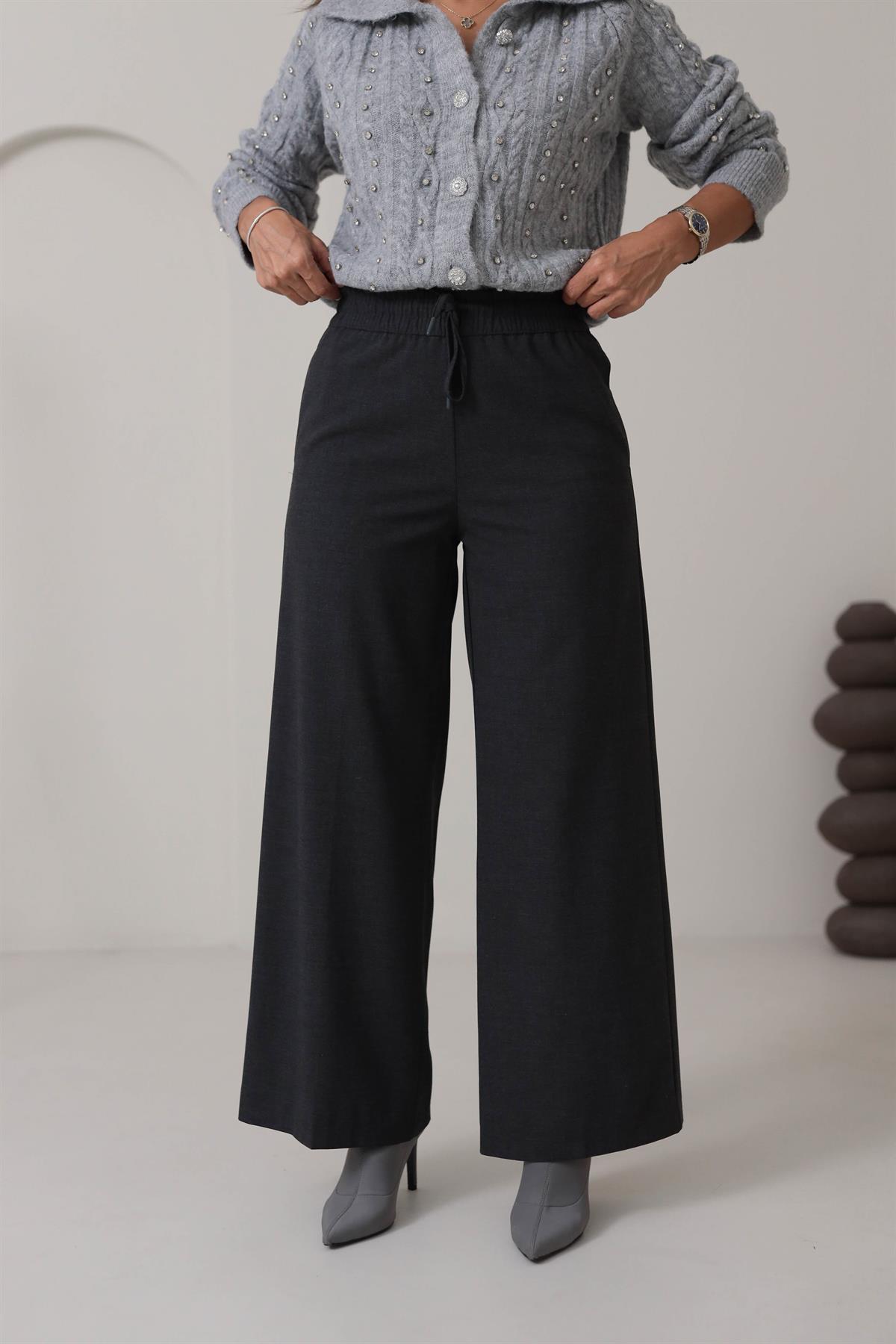 1556 Bel Bağcık ve Lastikli Bol Paça Pantolon ANTRASİT