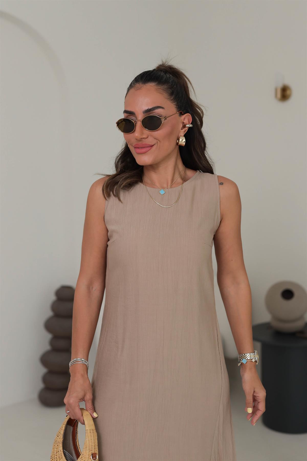 7633 Kolsuz Tiril Elbise BEJ