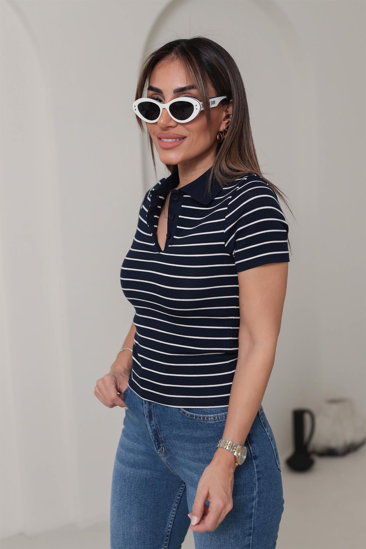 1464 Polo Yaka Çizgili Kısa Kol Triko LACİ-BEYAZ